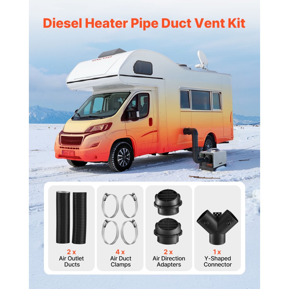 VEVOR Diesel Heater Pipe Duct Vent Kit, 3-inch Heater Pipe Warm Air Outlet Vent Set with Y-Shaped Connector & Air Duct Clamps, Parking Heaters Air Ducts Vent Kit for 2KW 5KW 8KW Diesel Heaters, Black