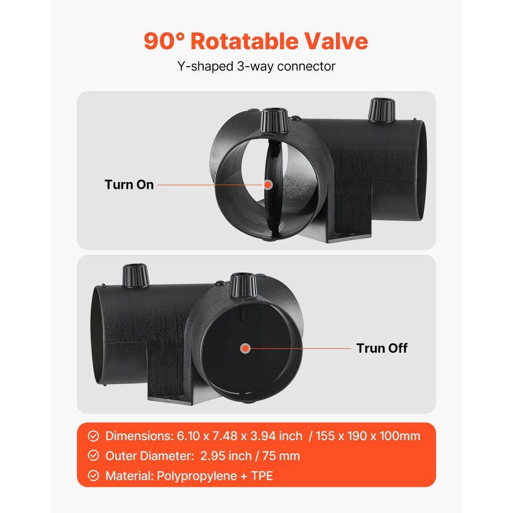 VEVOR Diesel Heater Pipe Duct Vent Kit, 3-inch Heater Pipe Warm Air Outlet Vent Set with Y-Shaped Connector & Air Duct Clamps, Parking Heaters Air Ducts Vent Kit for 2KW 5KW 8KW Diesel Heaters, Black