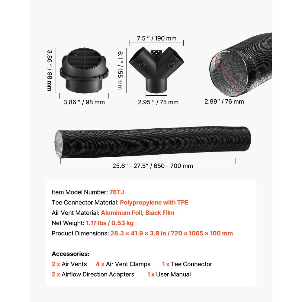 VEVOR Diesel Heater Pipe Duct Vent Kit, 3-inch Heater Pipe Warm Air Outlet Vent Set with Y-Shaped Connector & Air Duct Clamps, Parking Heaters Air Ducts Vent Kit for 2KW 5KW 8KW Diesel Heaters, Black