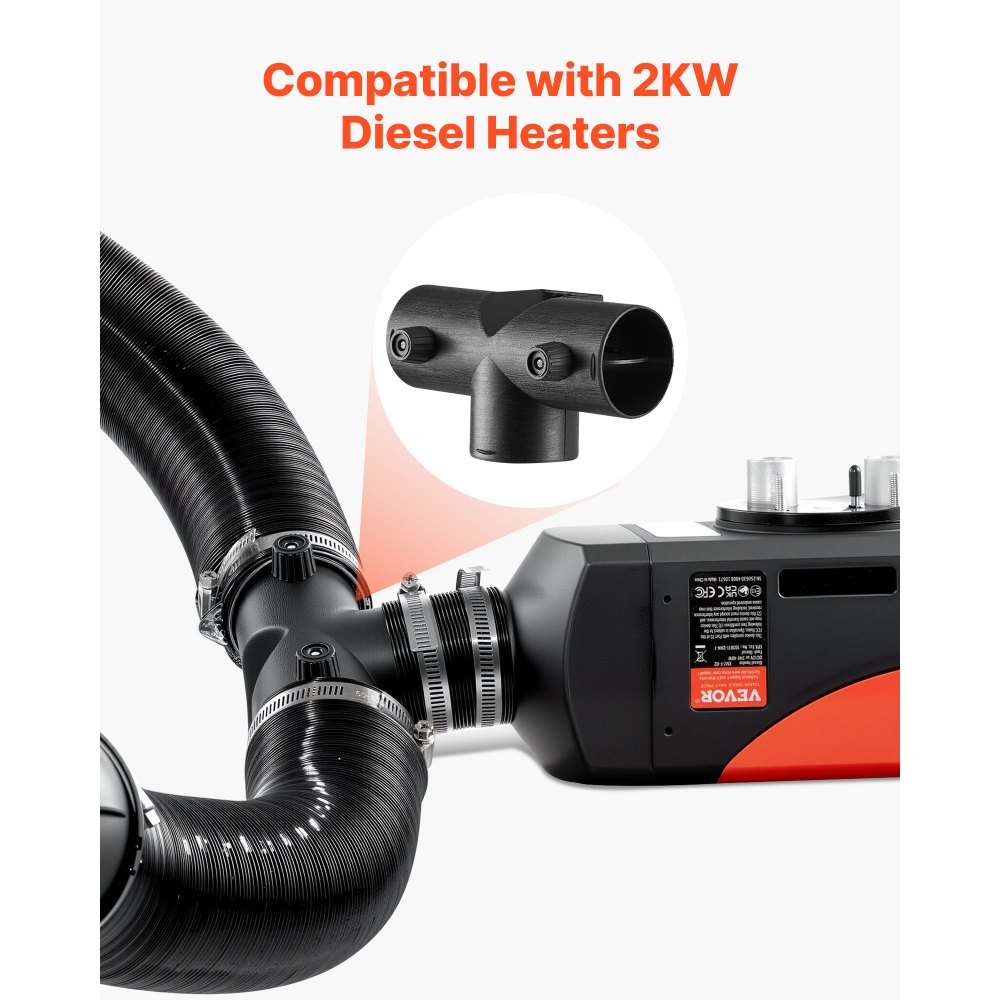 VEVOR Diesel Heater Connector, 2.32 inch Diesel Heater Duct Connector Accessories, T-shape 3 Way Air Vent Connectors with 2 90° Rotatable Valves, Black Joint Connectors for 2KW Diesels Heaters