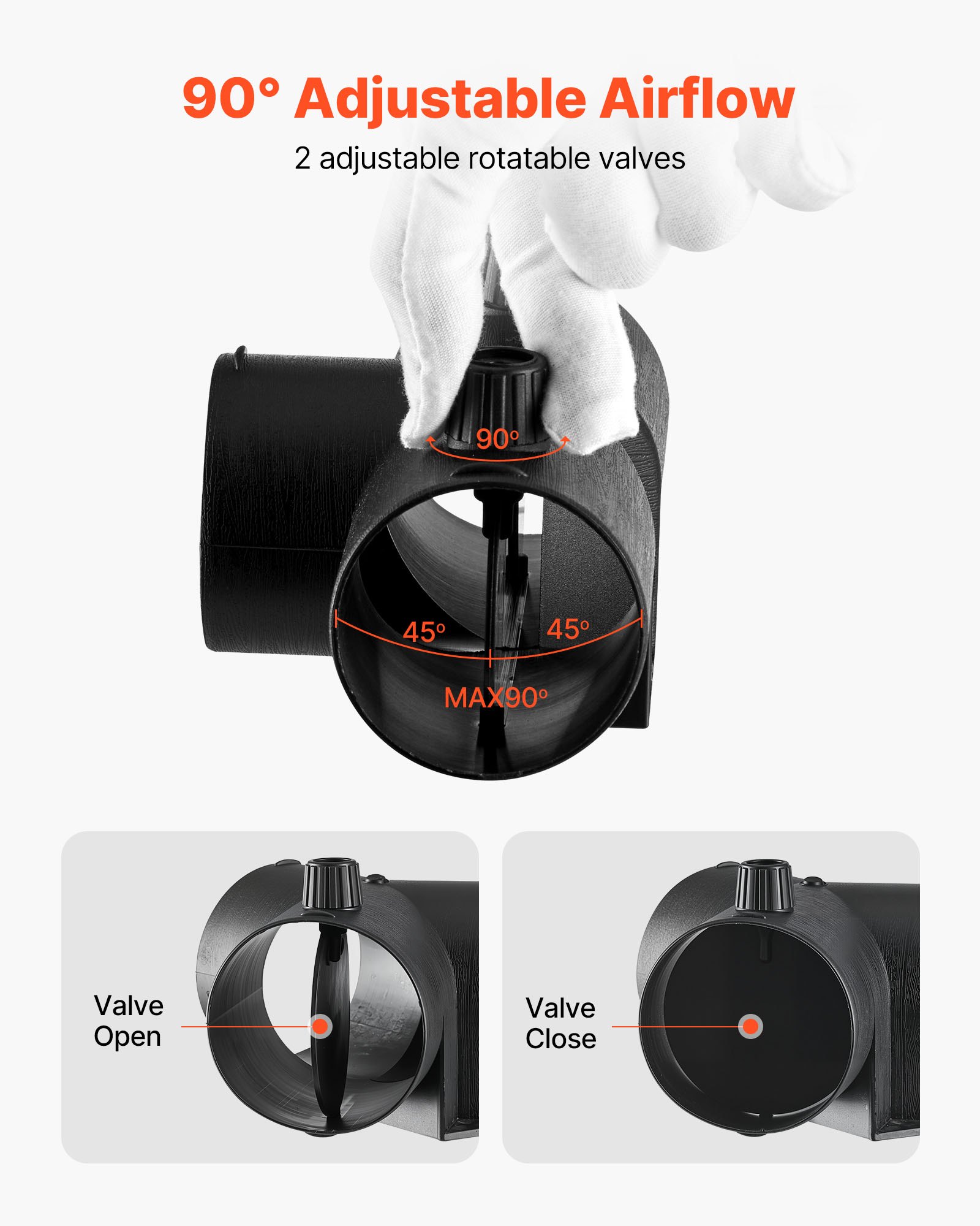 VEVOR Diesel Heater Connector, 2.32 inch Diesel Heater Duct Connector Accessories, T-shape 3 Way Air Vent Connectors with 2 90° Rotatable Valves, Black Joint Connectors for 2KW Diesels Heaters