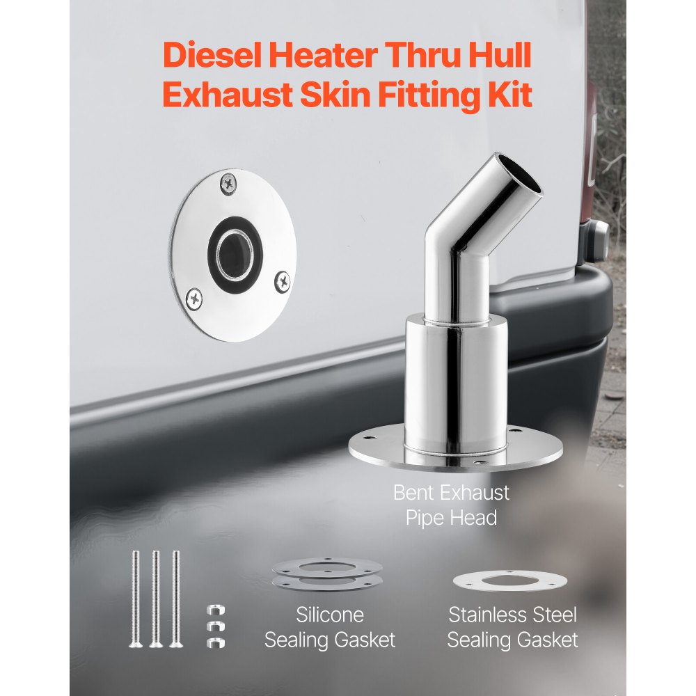 VEVOR Thru Hull Exhaust Skin Fitting, 24mm Diesel Heater Exhaust Skin Fitting, Elbow Hull Exhausts Pipe Socket Replacement with Screw, Nuts & Gasket for 2KW 5KW 8KW Diesel Heaters, 316 Stainless Steel