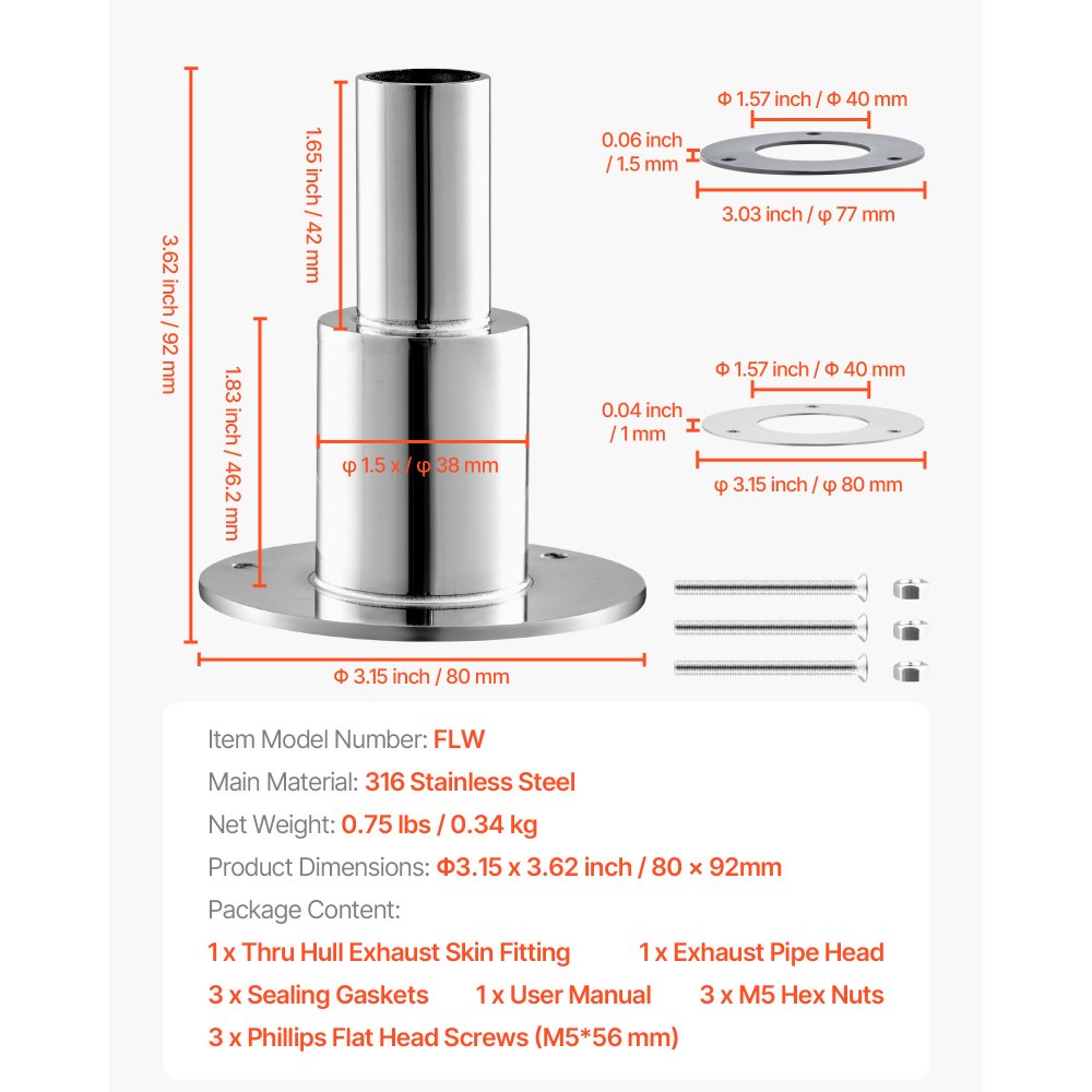 VEVOR Thru Hull Exhaust Skin Fitting, 0.94 inch Diesel Heater Exhaust Skin Fitting, Straight Thru Hull Exhausts Skins Fits Kit with Screws, Nuts & Gasket for Diesel Heaters, 316 Stainless Steel