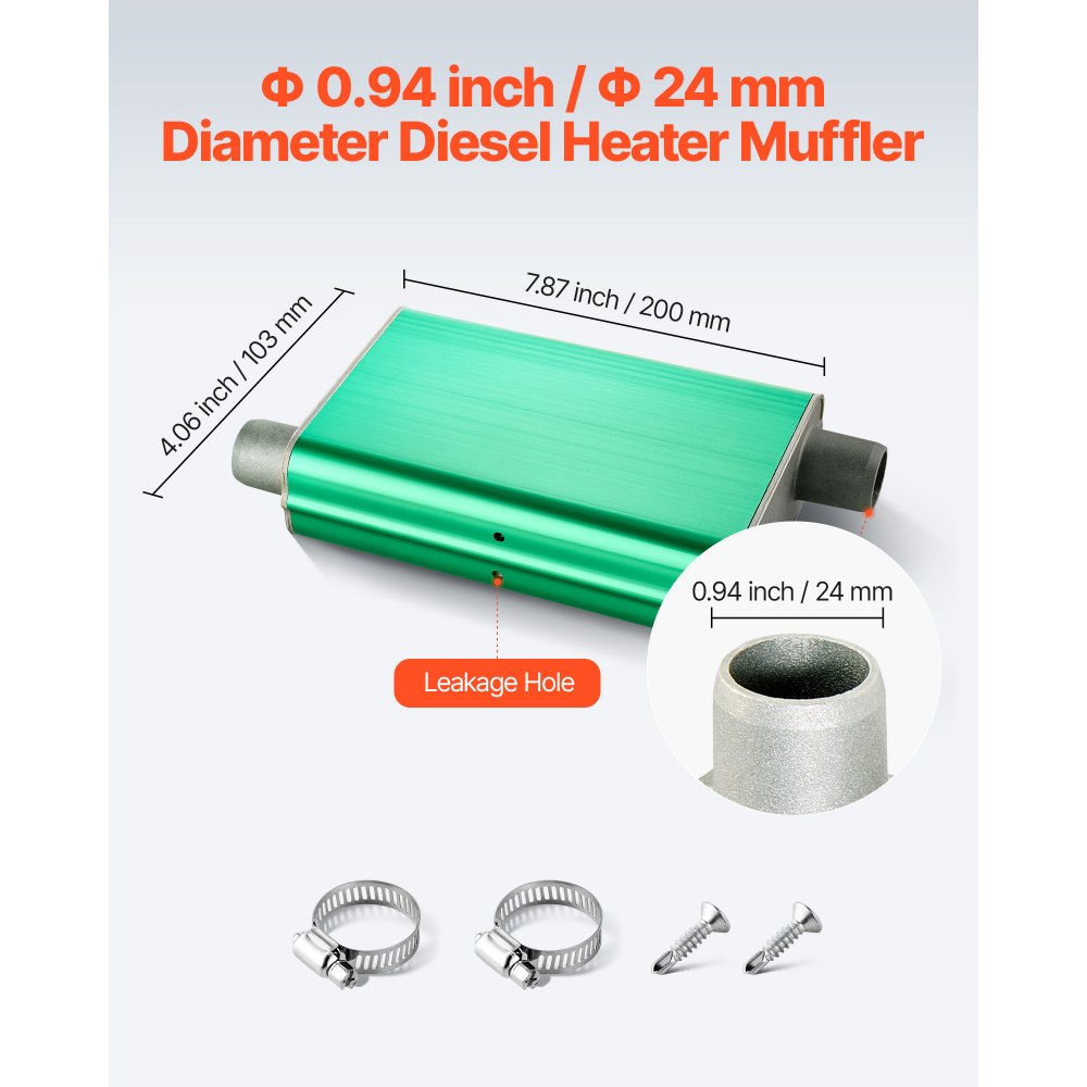 VEVOR Diesel Heater Muffler, 24mm Diesel Heater Muffler Upgrade, Parking Heaters Mufflers Fit with 2 Clamps and Screws, Aluminum Alloy Upgraded Exhaust Pipe Mufflers Silencer for 2KW 5KW 8KW Diesels