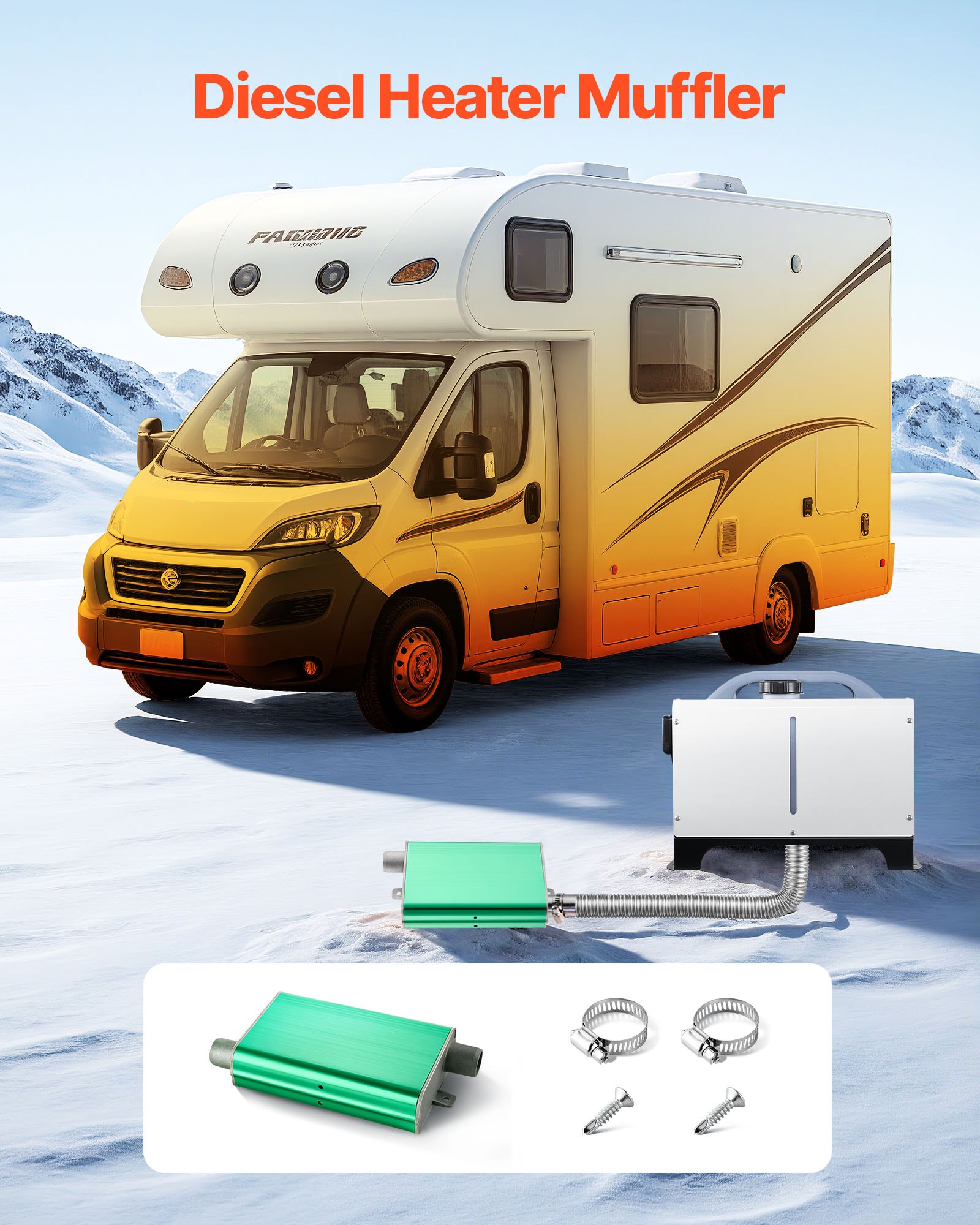 VEVOR Diesel Heater Muffler, 24mm Diesel Heater Muffler Upgrade, Parking Heaters Mufflers Fit with 2 Clamps and Screws, Aluminum Alloy Upgraded Exhaust Pipe Mufflers Silencer for 2KW 5KW 8KW Diesels