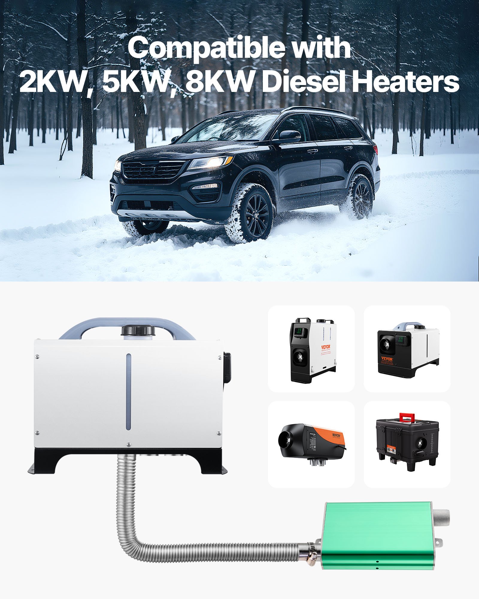 VEVOR Diesel Heater Muffler, 24mm Diesel Heater Muffler Upgrade, Parking Heaters Mufflers Fit with 2 Clamps and Screws, Aluminum Alloy Upgraded Exhaust Pipe Mufflers Silencer for 2KW 5KW 8KW Diesels
