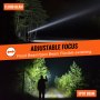 VEVOR flashlight showing adjustable focus with flood beam and spot beam in a nighttime forest.