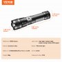 VEVOR flashlight, 10000 lumens, 6.61 inch, aluminum alloy, p50 white light, ip44 waterproof rating.