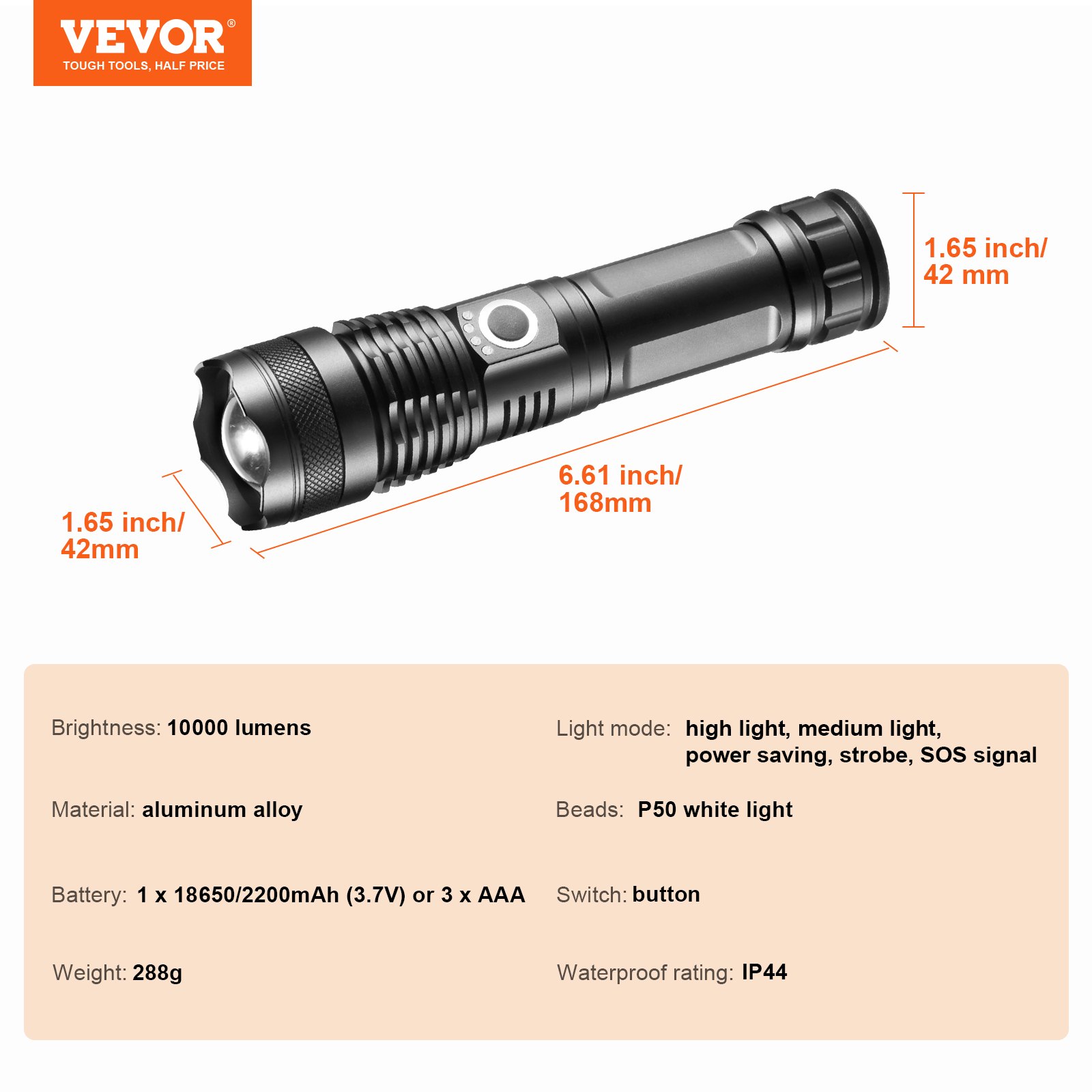 VEVOR 10000 Lumen High Lumens Flashlight, 5 Lighting Modes Rechargeable, IPX4 LED Waterproof Flashlight, Powerful aluminum alloy Handheld Flashlight for Camping Hiking Biking Fishing Night Running