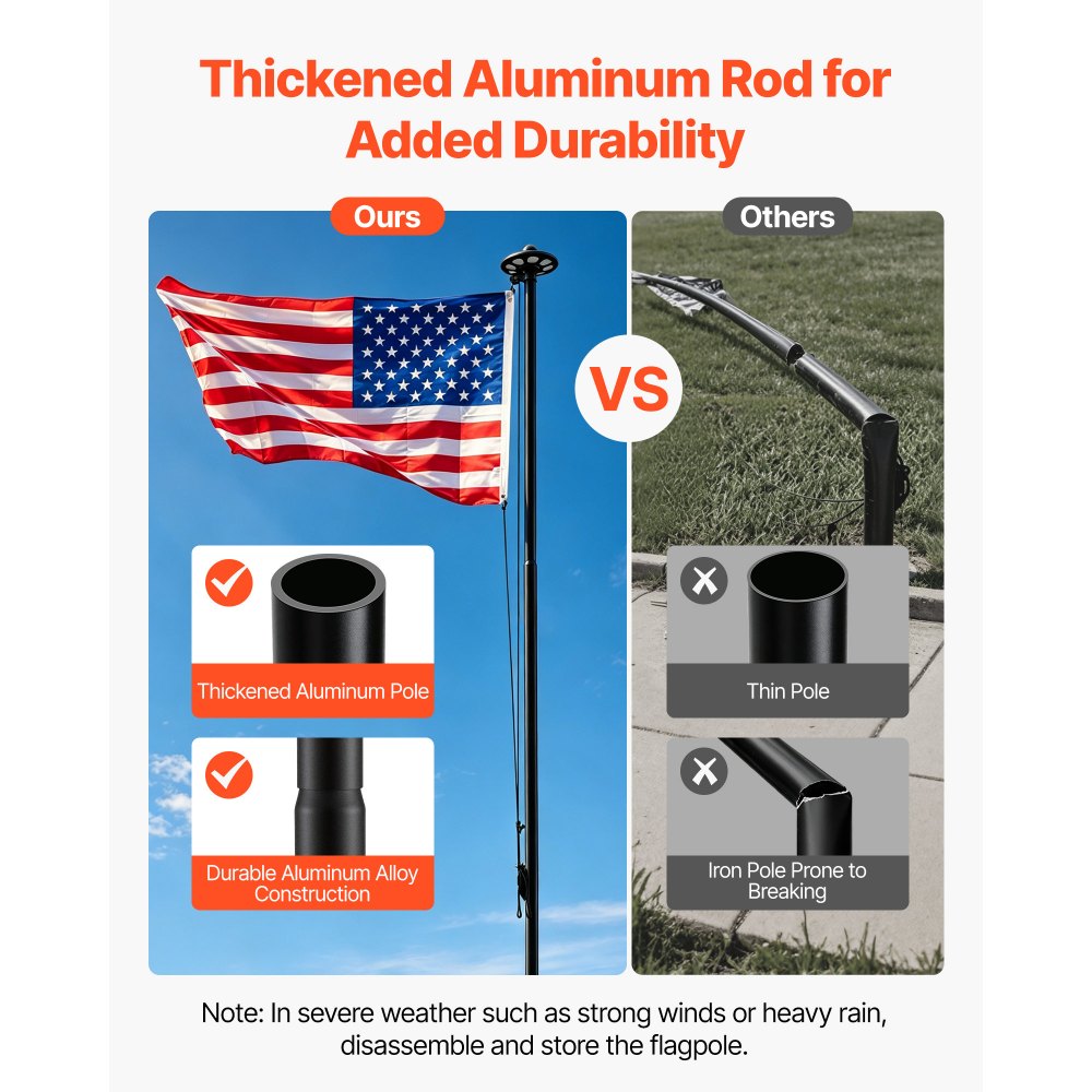 VEVOR Flag Pole, 20ft Heavy Duty Sectional Flagpole Kit with 136 LED Solar Light for Outside House In Ground, Outdoor Aluminum Flagpole with 3x5 American Flag for Yard, Residential, Commercial, Black