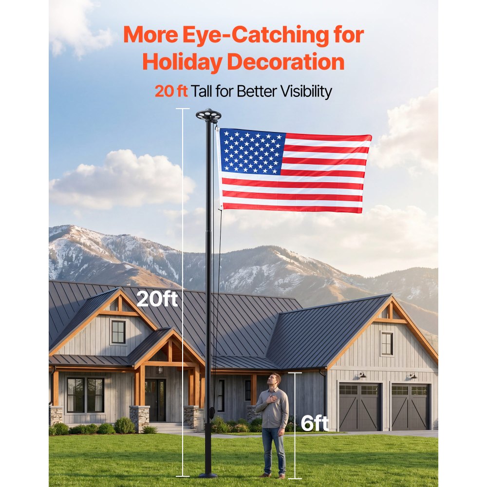 VEVOR Flag Pole, 20ft Heavy Duty Sectional Flagpole Kit with 136 LED Solar Light for Outside House In Ground, Outdoor Aluminum Flagpole with 3x5 American Flag for Yard, Residential, Commercial, Black