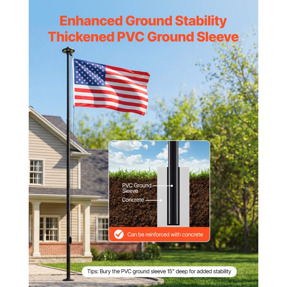 VEVOR Flag Pole, 20ft Heavy Duty Sectional Flagpole Kit with 136 LED Solar Light for Outside House In Ground, Outdoor Aluminum Flagpole with 3x5 American Flag for Yard, Residential, Commercial, Black
