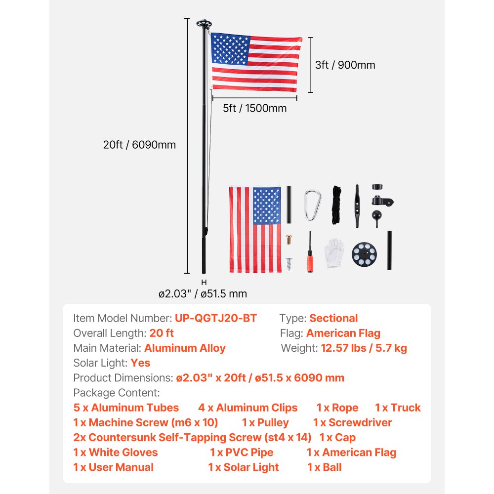 VEVOR Flag Pole, 20ft Heavy Duty Sectional Flagpole Kit with 136 LED Solar Light for Outside House In Ground, Outdoor Aluminum Flagpole with 3x5 American Flag for Yard, Residential, Commercial, Black