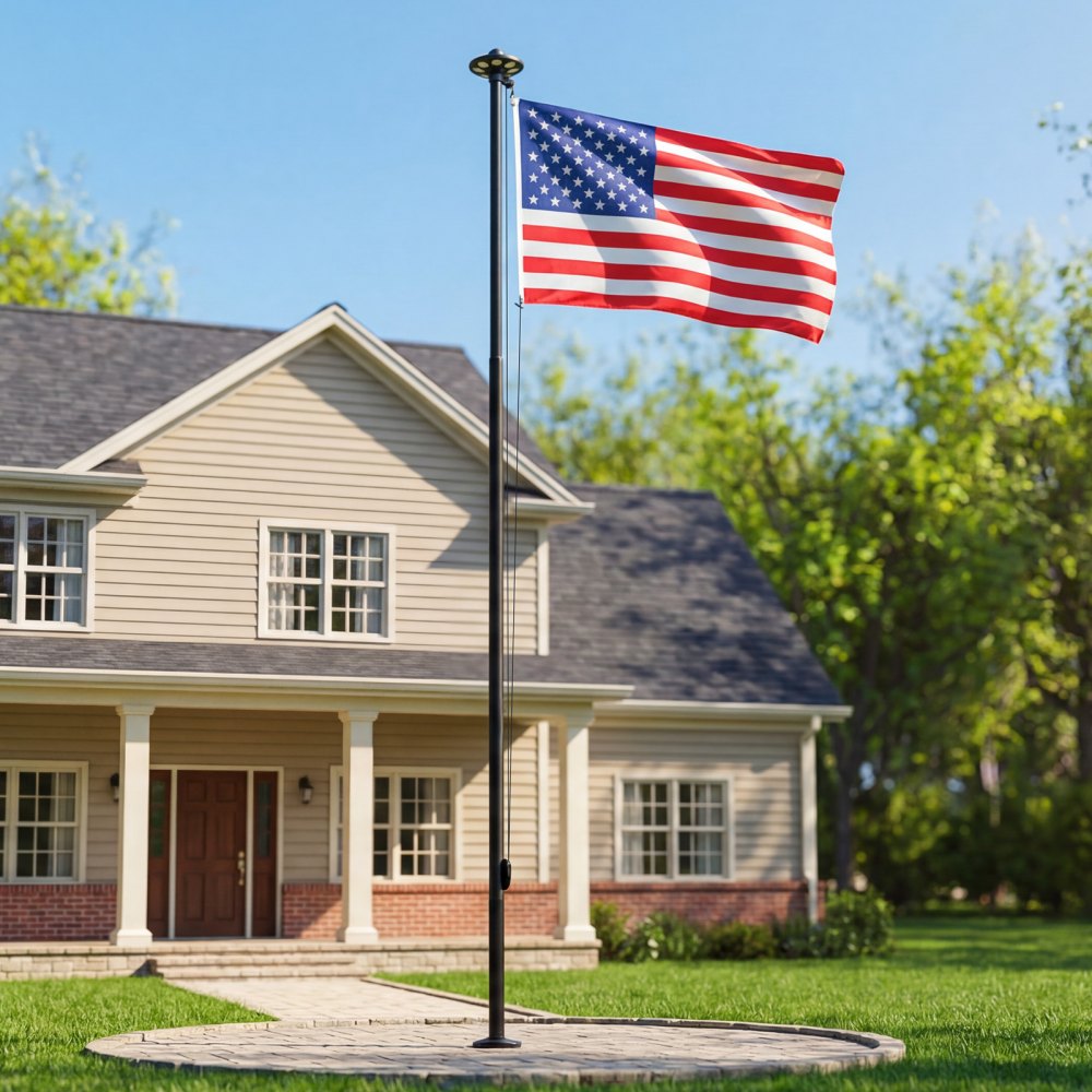 VEVOR Flag Pole, 20ft Heavy Duty Sectional Flagpole Kit with 136 LED Solar Light for Outside House In Ground, Outdoor Aluminum Flagpole with 3x5 American Flag for Yard, Residential, Commercial, Black
