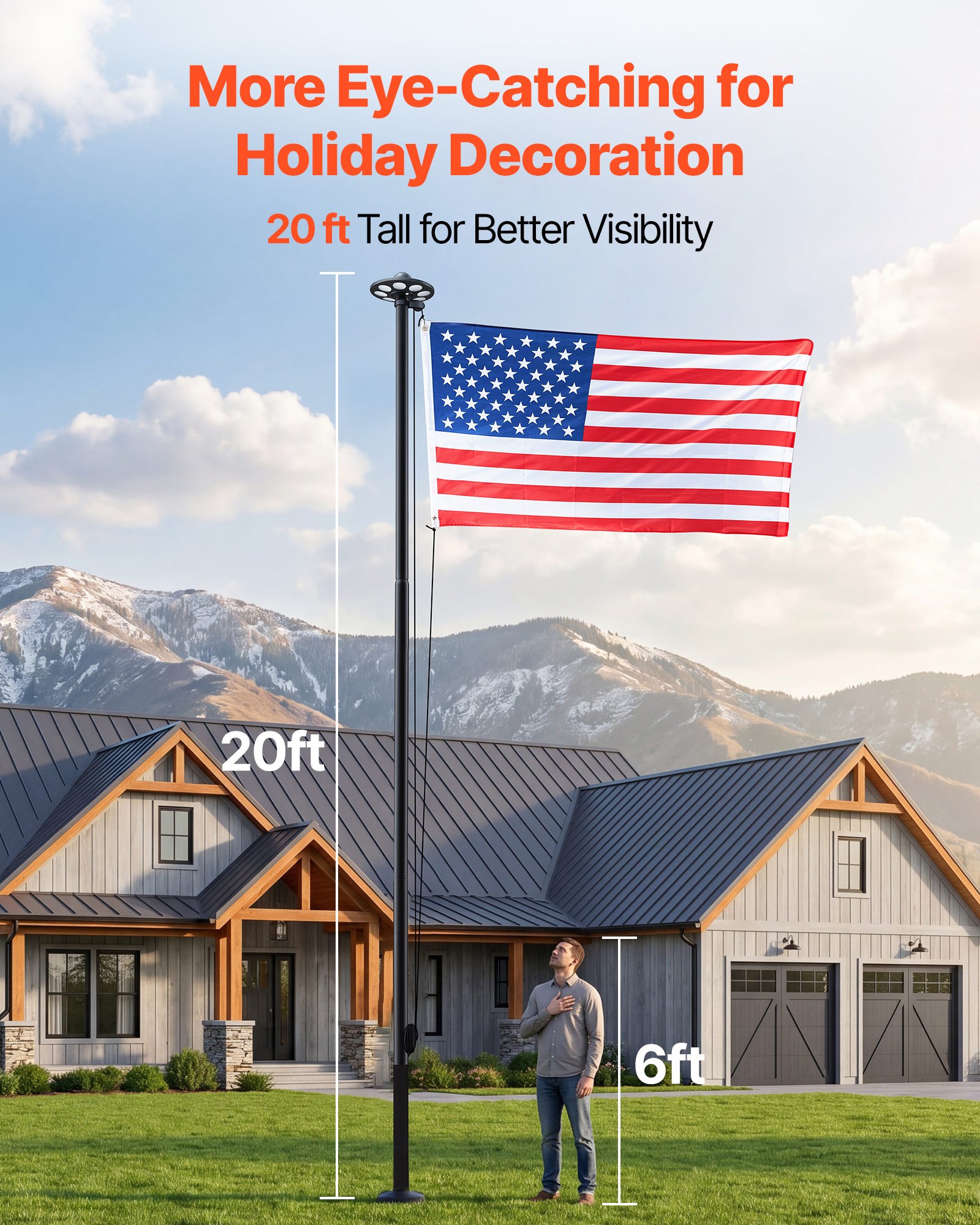 VEVOR Flag Pole, 20ft Heavy Duty Sectional Flagpole Kit with 136 LED Solar Light for Outside House In Ground, Outdoor Aluminum Flagpole with 3x5 American Flag for Yard, Residential, Commercial, Black