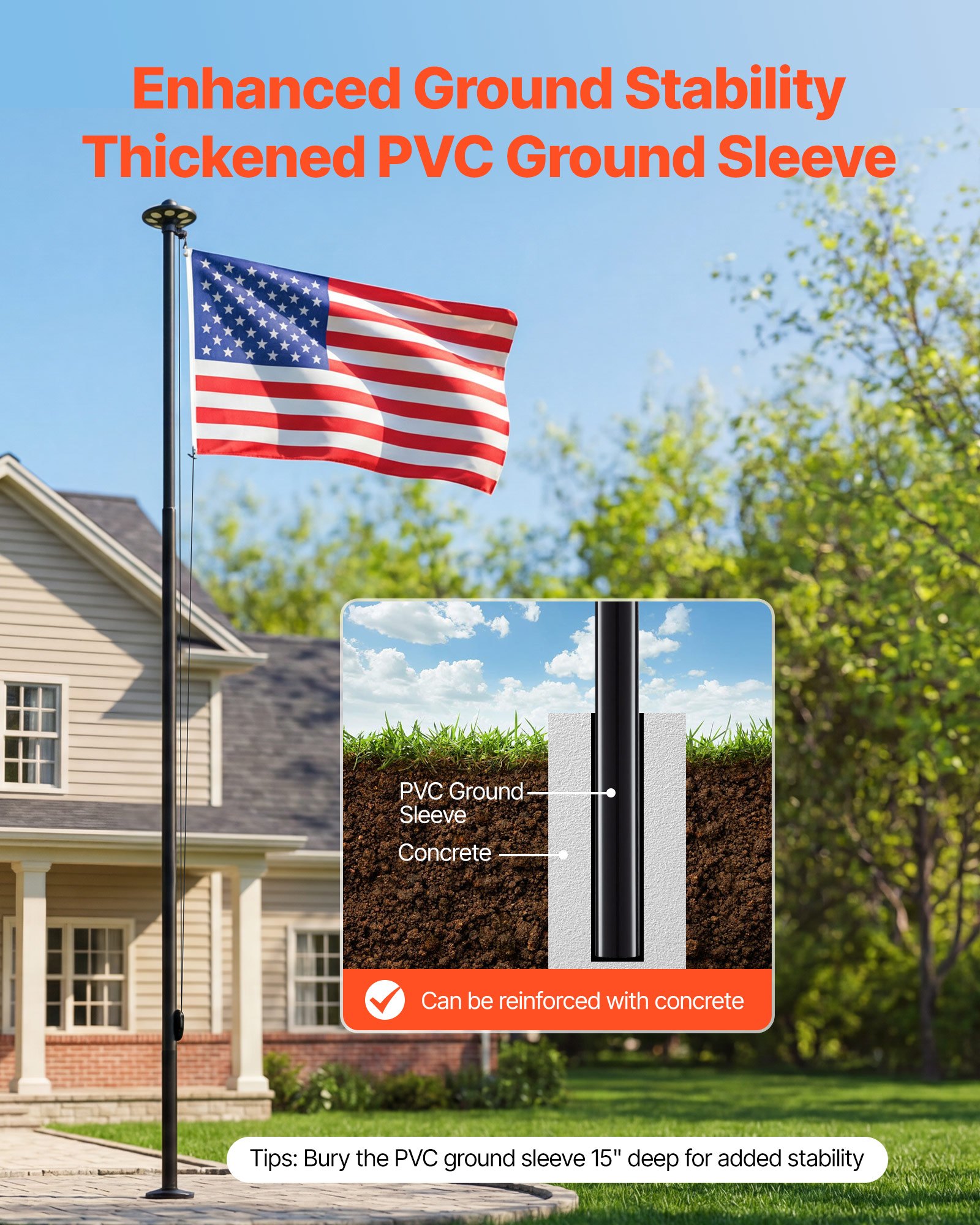 VEVOR Flag Pole, 20ft Heavy Duty Sectional Flagpole Kit with 136 LED Solar Light for Outside House In Ground, Outdoor Aluminum Flagpole with 3x5 American Flag for Yard, Residential, Commercial, Black