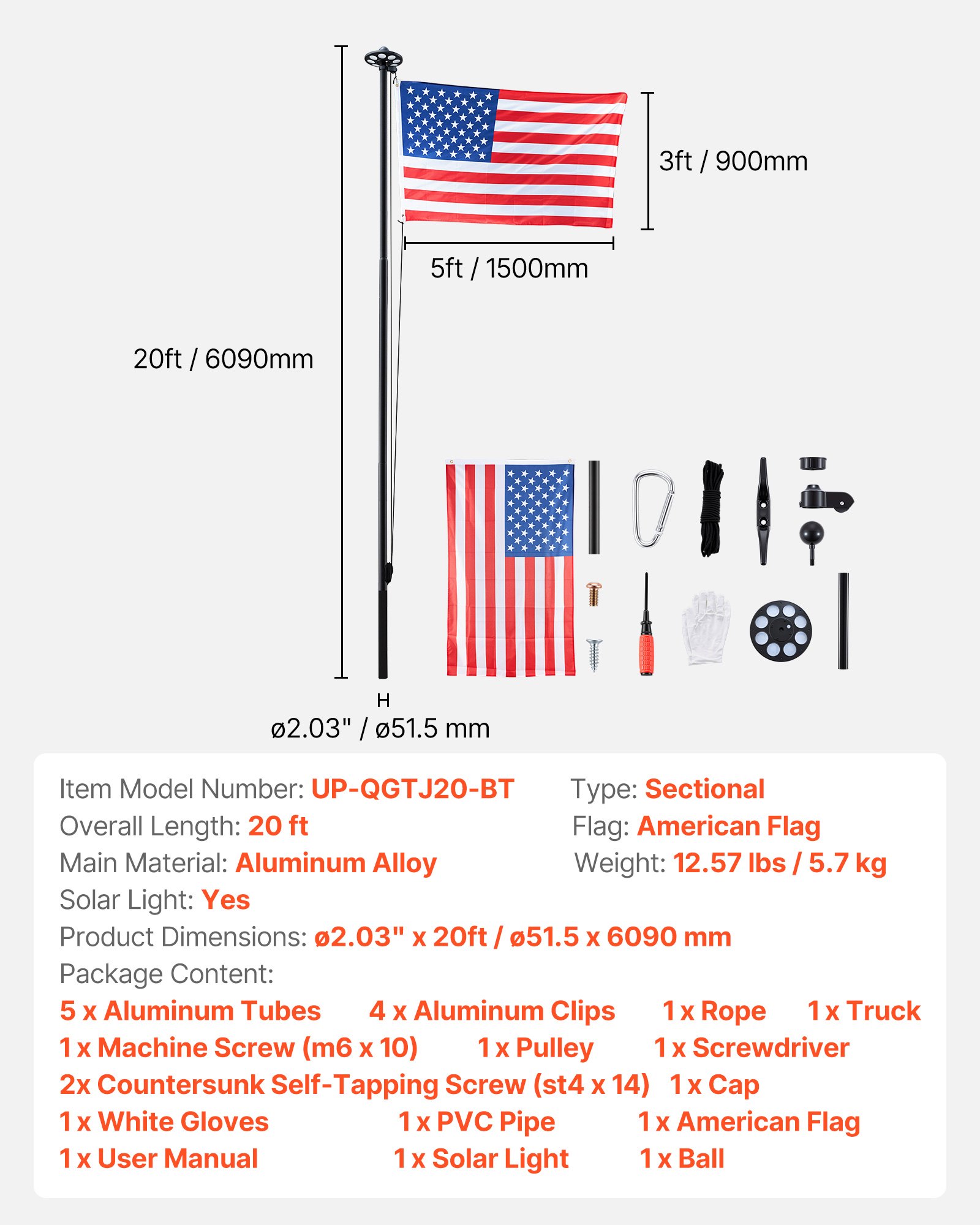VEVOR Flag Pole, 20ft Heavy Duty Sectional Flagpole Kit with 136 LED Solar Light for Outside House In Ground, Outdoor Aluminum Flagpole with 3x5 American Flag for Yard, Residential, Commercial, Black