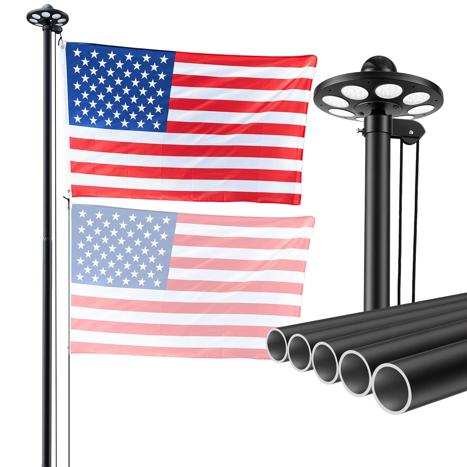 VEVOR Flag Pole, 20ft Heavy Duty Sectional Flagpole Kit with 136 LED Solar Light for Outside House In Ground, Outdoor Aluminum Flagpole with 3x5 American Flag for Yard, Residential, Commercial, Black