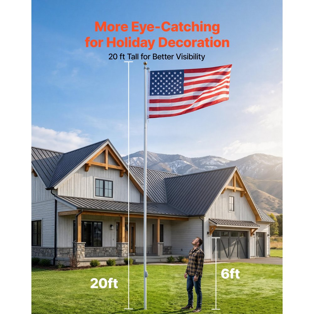 VEVOR Flag Pole, 20ft Heavy Duty Sectional Flagpole Kit for Outside House In Ground, Extra Thick Outdoor Aluminum Flagpole Kit with 3x5 American Flag for Yard, Residential or Commercial Use, Silver