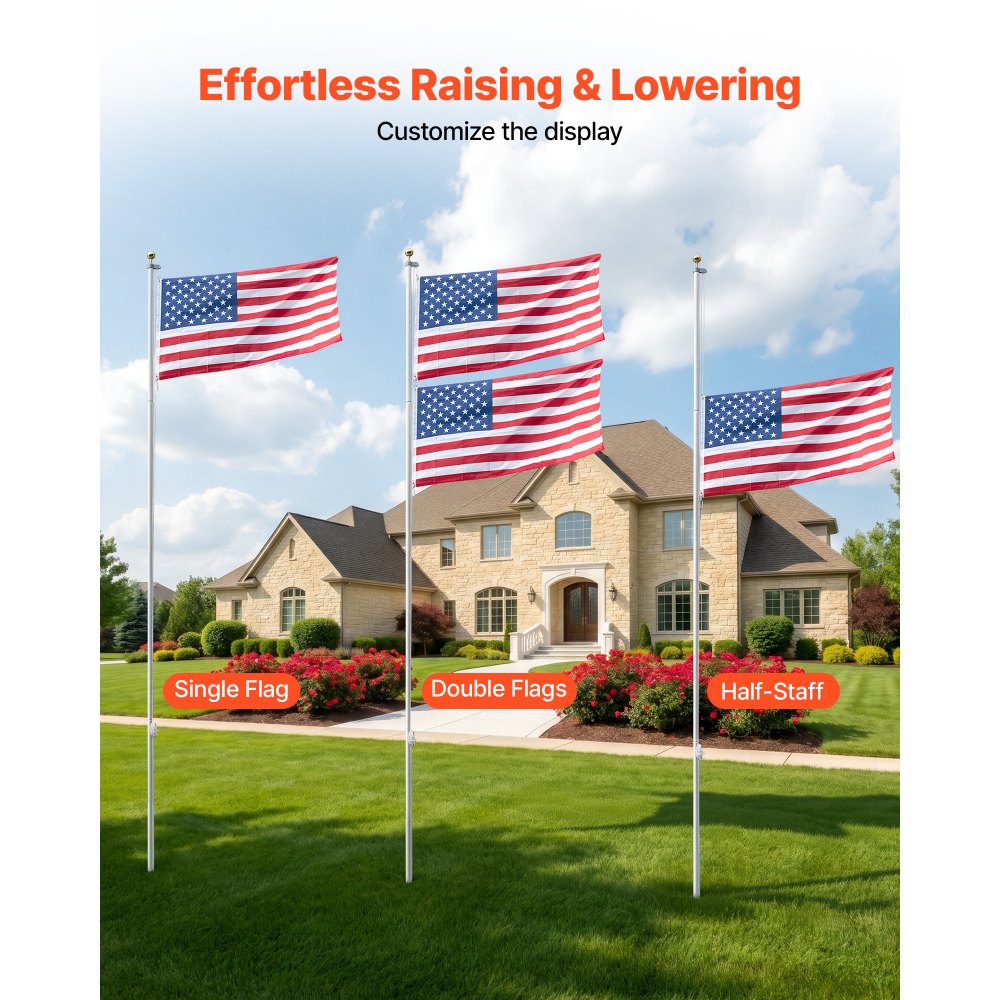VEVOR Flag Pole, 20ft Heavy Duty Sectional Flagpole Kit for Outside House In Ground, Extra Thick Outdoor Aluminum Flagpole Kit with 3x5 American Flag for Yard, Residential or Commercial Use, Silver