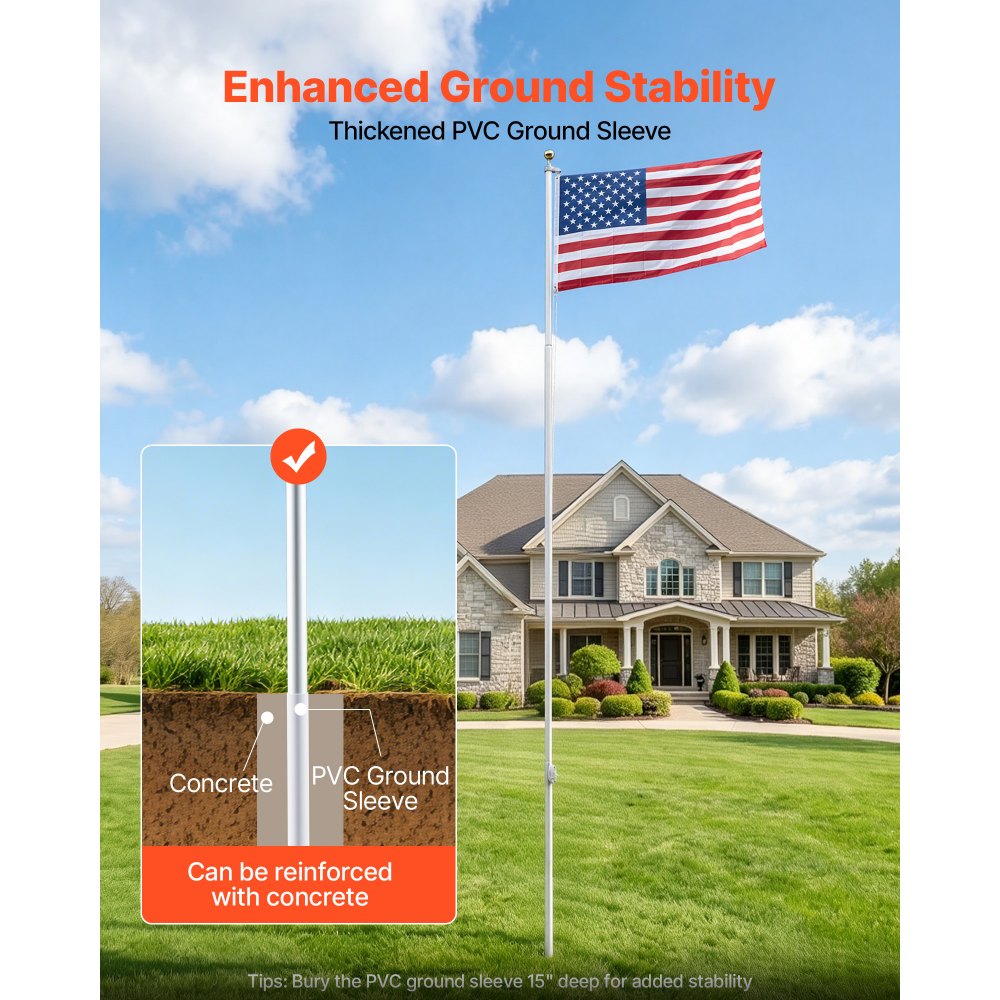 VEVOR Flag Pole, 20ft Heavy Duty Sectional Flagpole Kit for Outside House In Ground, Extra Thick Outdoor Aluminum Flagpole Kit with 3x5 American Flag for Yard, Residential or Commercial Use, Silver