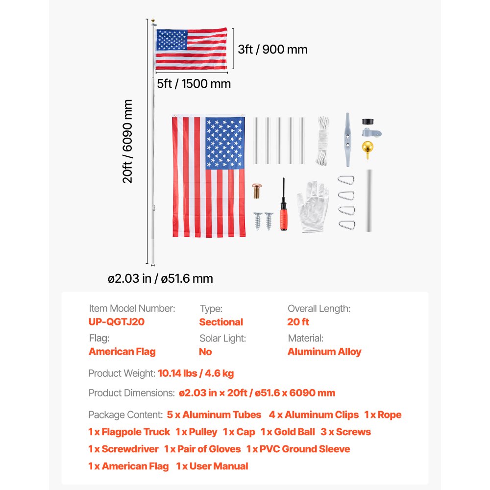 VEVOR Flag Pole, 20ft Heavy Duty Sectional Flagpole Kit for Outside House In Ground, Extra Thick Outdoor Aluminum Flagpole Kit with 3x5 American Flag for Yard, Residential or Commercial Use, Silver