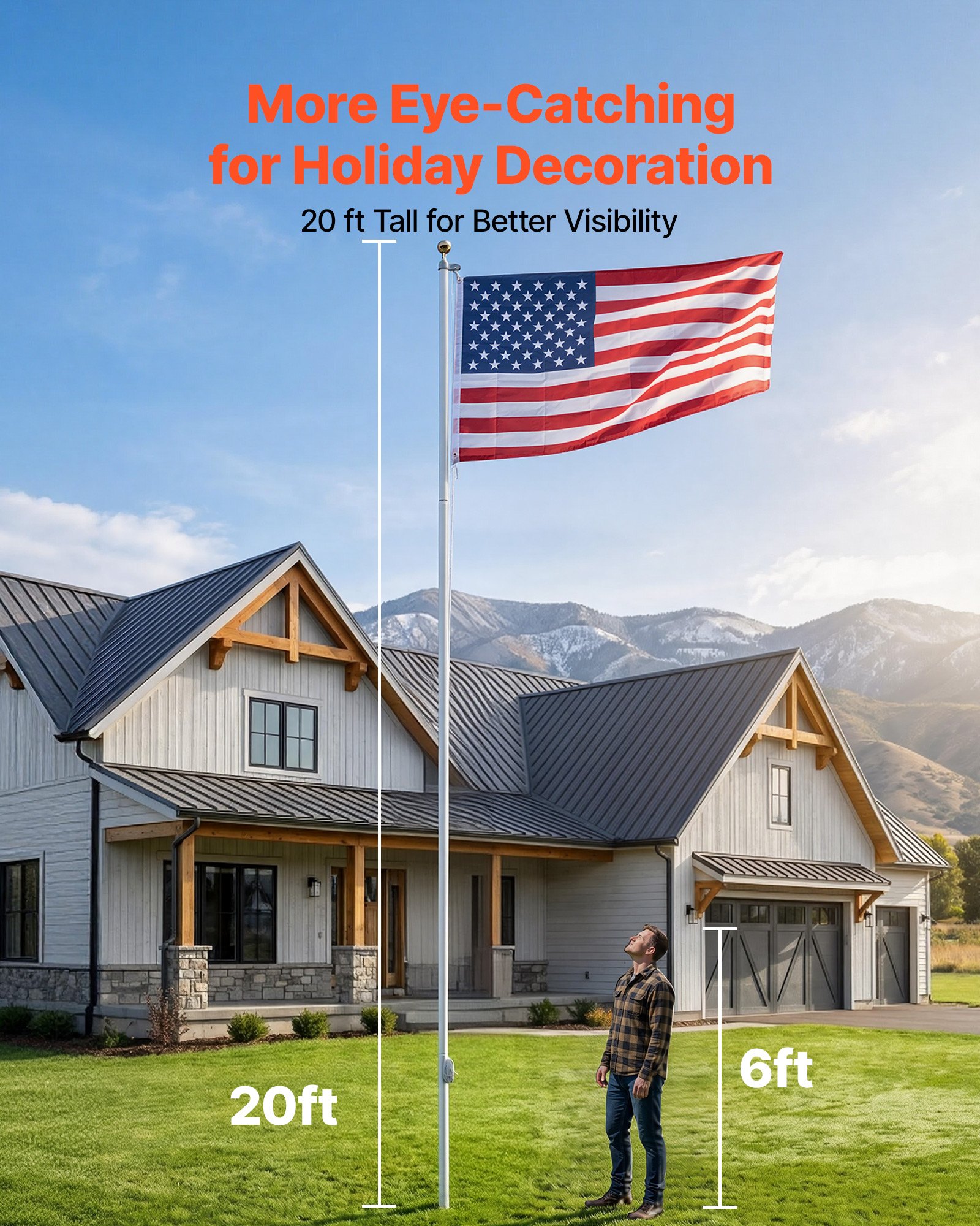 VEVOR Flag Pole, 20ft Heavy Duty Sectional Flagpole Kit for Outside House In Ground, Extra Thick Outdoor Aluminum Flagpole Kit with 3x5 American Flag for Yard, Residential or Commercial Use, Silver