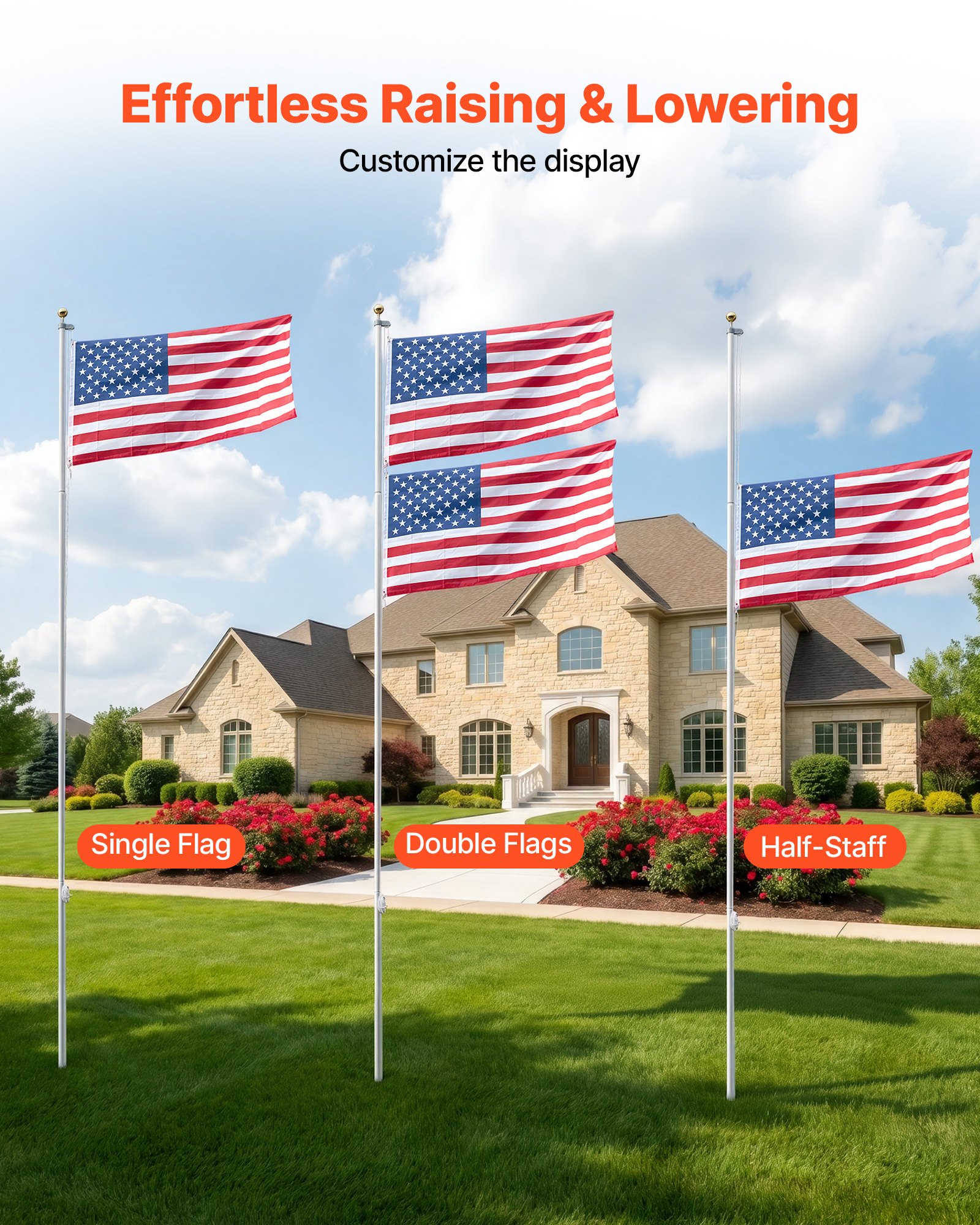 VEVOR Flag Pole, 20ft Heavy Duty Sectional Flagpole Kit for Outside House In Ground, Extra Thick Outdoor Aluminum Flagpole Kit with 3x5 American Flag for Yard, Residential or Commercial Use, Silver
