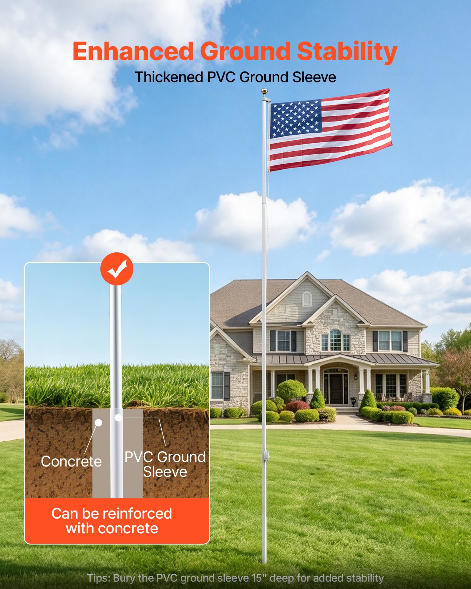 VEVOR Flag Pole, 20ft Heavy Duty Sectional Flagpole Kit for Outside House In Ground, Extra Thick Outdoor Aluminum Flagpole Kit with 3x5 American Flag for Yard, Residential or Commercial Use, Silver