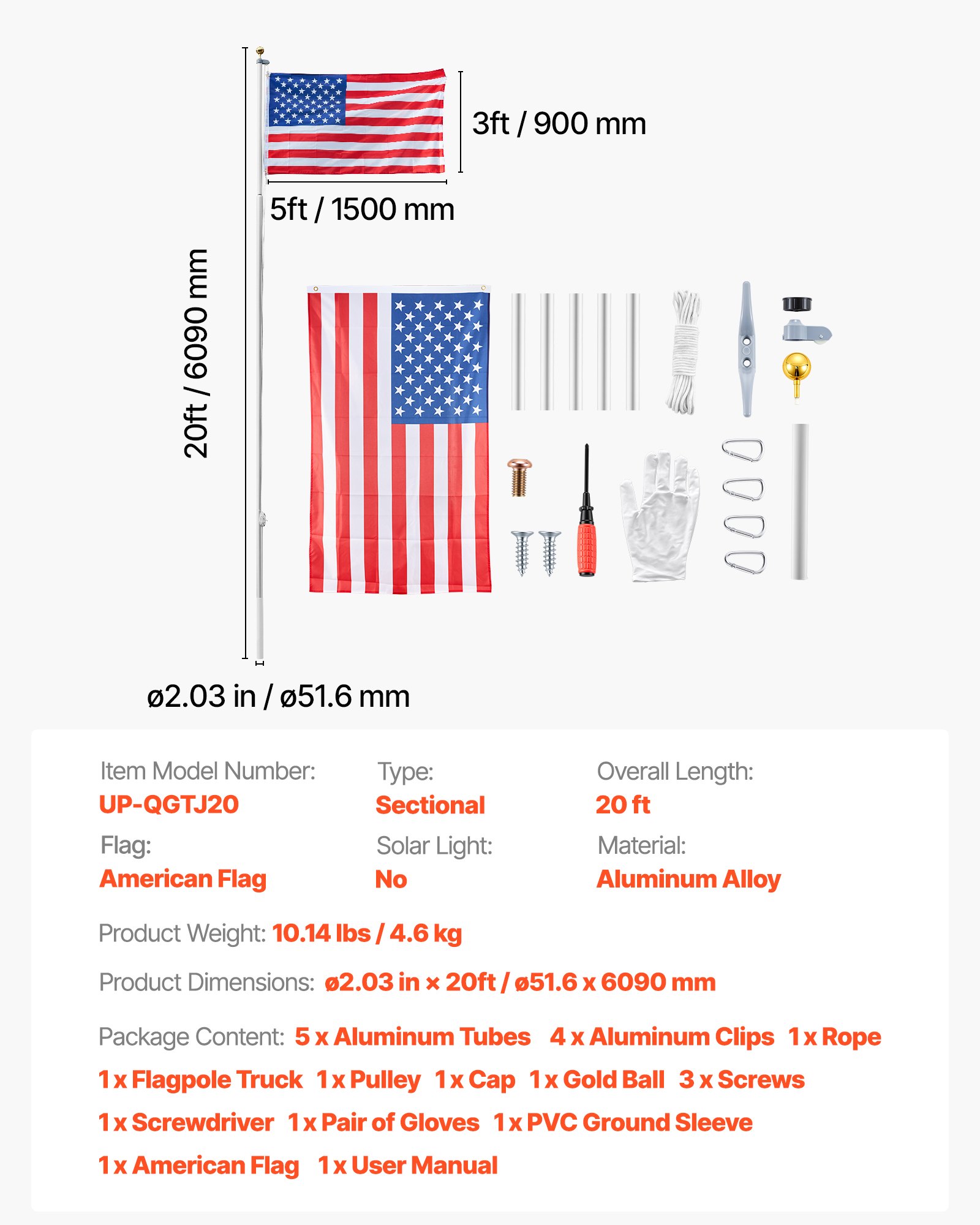 VEVOR Flag Pole, 20ft Heavy Duty Sectional Flagpole Kit for Outside House In Ground, Extra Thick Outdoor Aluminum Flagpole Kit with 3x5 American Flag for Yard, Residential or Commercial Use, Silver