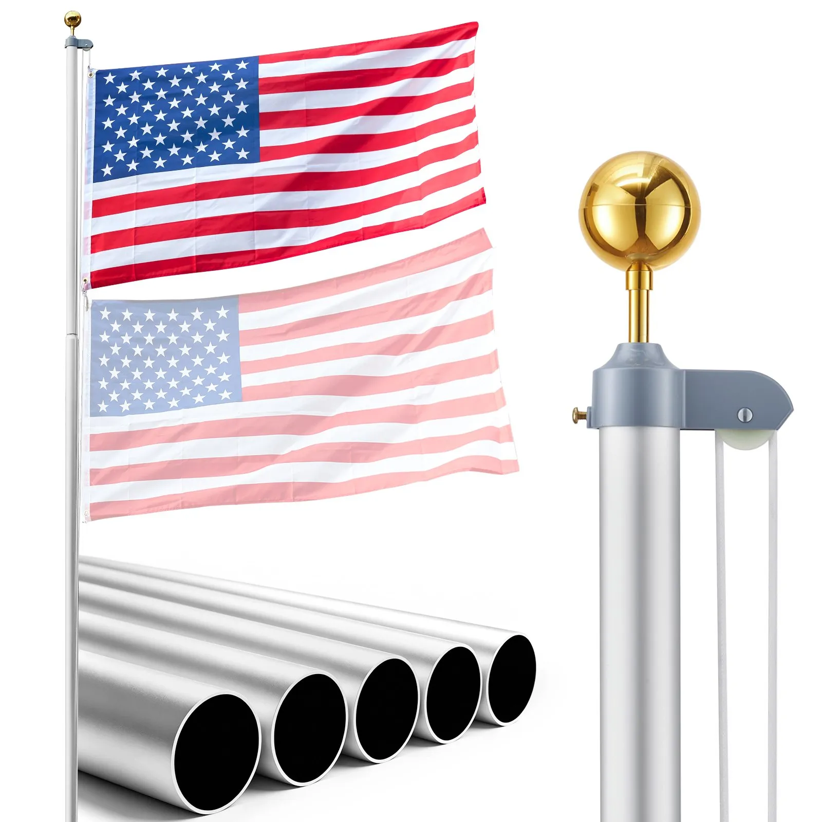 VEVOR Flag Pole, 20ft Heavy Duty Sectional Flagpole Kit for Outside House In Ground, Extra Thick Outdoor Aluminum Flagpole Kit with 3x5 American Flag for Yard, Residential or Commercial Use, Silver