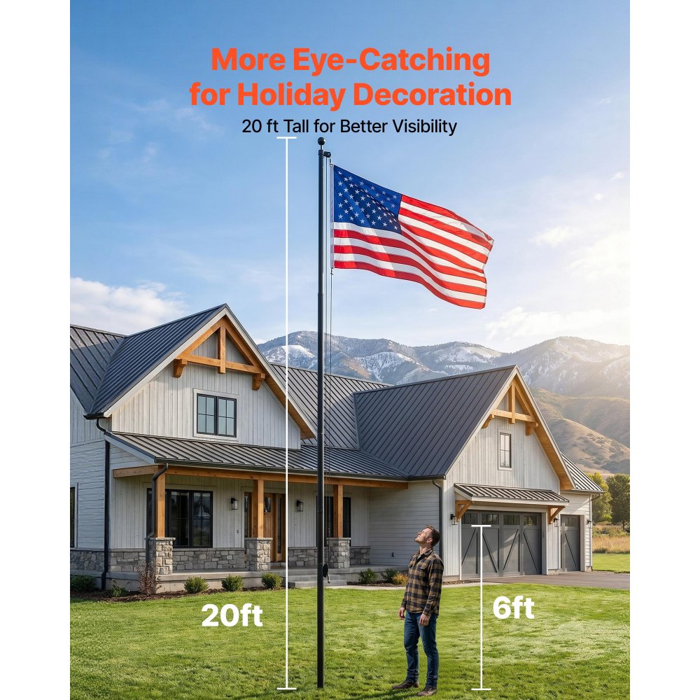 VEVOR Flag Pole, 20ft Heavy Duty Sectional Flagpole Kit for Outside House In Ground, Extra Thick Outdoor Aluminum Flagpole Kit with 3x5 American Flag for Yard, Residential or Commercial Use, Black
