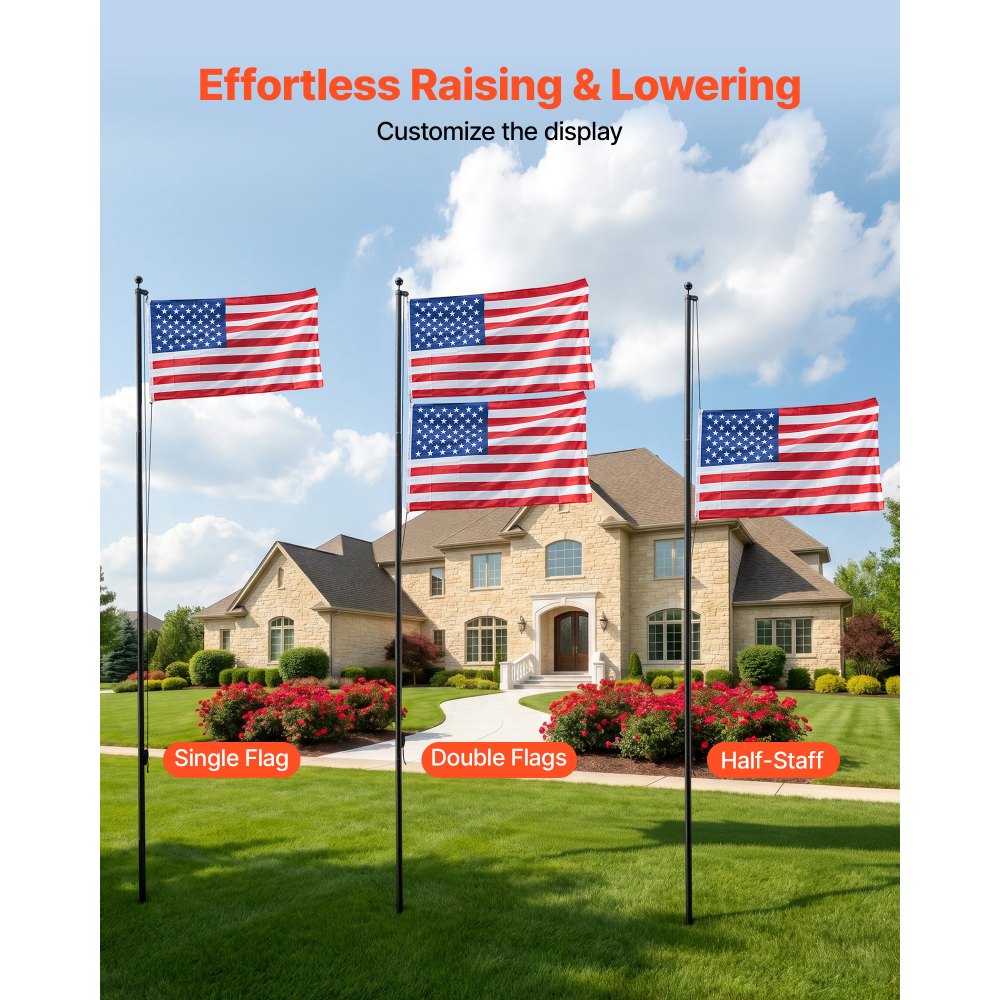 VEVOR Flag Pole, 20ft Heavy Duty Sectional Flagpole Kit for Outside House In Ground, Extra Thick Outdoor Aluminum Flagpole Kit with 3x5 American Flag for Yard, Residential or Commercial Use, Black