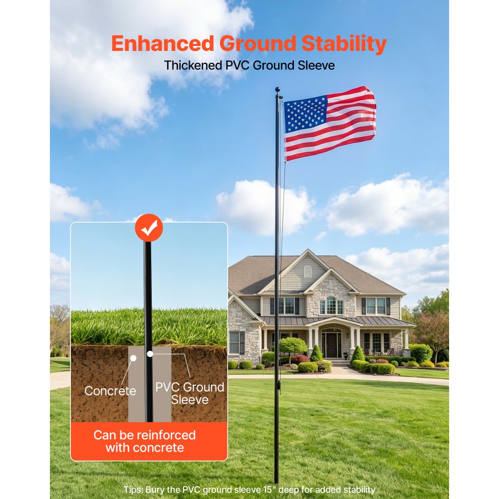 VEVOR Flag Pole, 20ft Heavy Duty Sectional Flagpole Kit for Outside House In Ground, Extra Thick Outdoor Aluminum Flagpole Kit with 3x5 American Flag for Yard, Residential or Commercial Use, Black