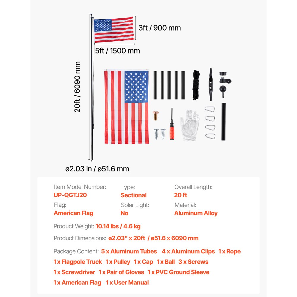 VEVOR Flag Pole, 20ft Heavy Duty Sectional Flagpole Kit for Outside House In Ground, Extra Thick Outdoor Aluminum Flagpole Kit with 3x5 American Flag for Yard, Residential or Commercial Use, Black