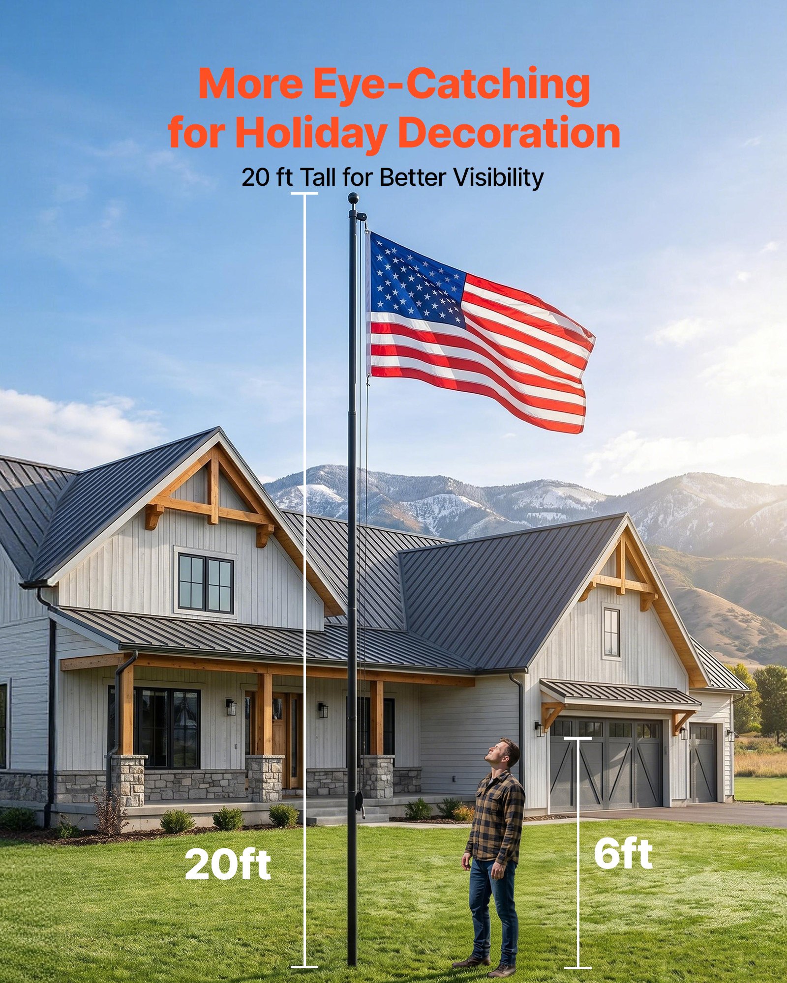 VEVOR Flag Pole, 20ft Heavy Duty Sectional Flagpole Kit for Outside House In Ground, Extra Thick Outdoor Aluminum Flagpole Kit with 3x5 American Flag for Yard, Residential or Commercial Use, Black