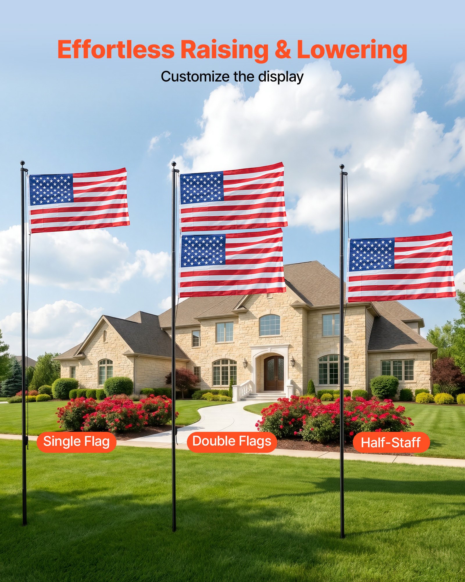 VEVOR Flag Pole, 20ft Heavy Duty Sectional Flagpole Kit for Outside House In Ground, Extra Thick Outdoor Aluminum Flagpole Kit with 3x5 American Flag for Yard, Residential or Commercial Use, Black