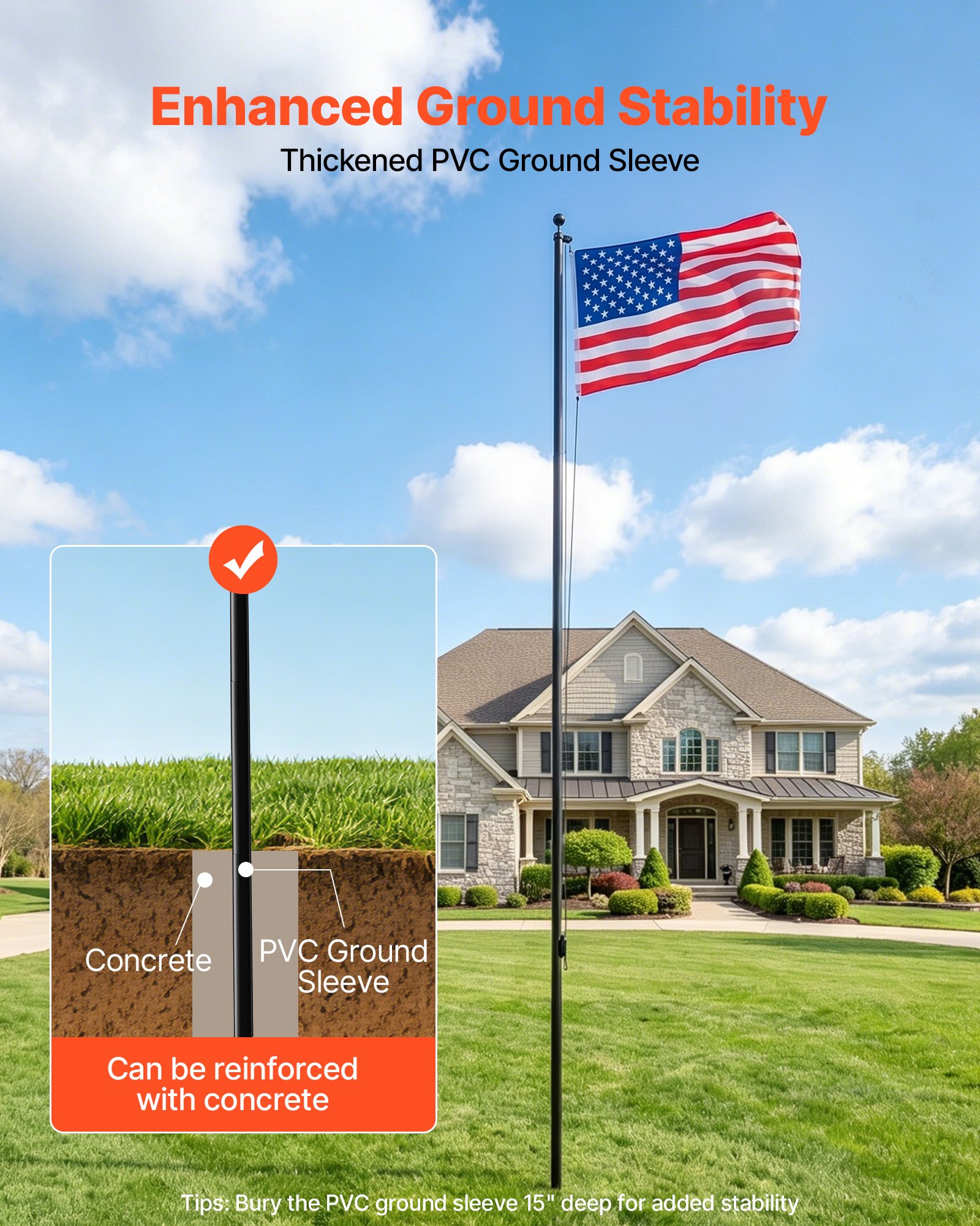 VEVOR Flag Pole, 20ft Heavy Duty Sectional Flagpole Kit for Outside House In Ground, Extra Thick Outdoor Aluminum Flagpole Kit with 3x5 American Flag for Yard, Residential or Commercial Use, Black