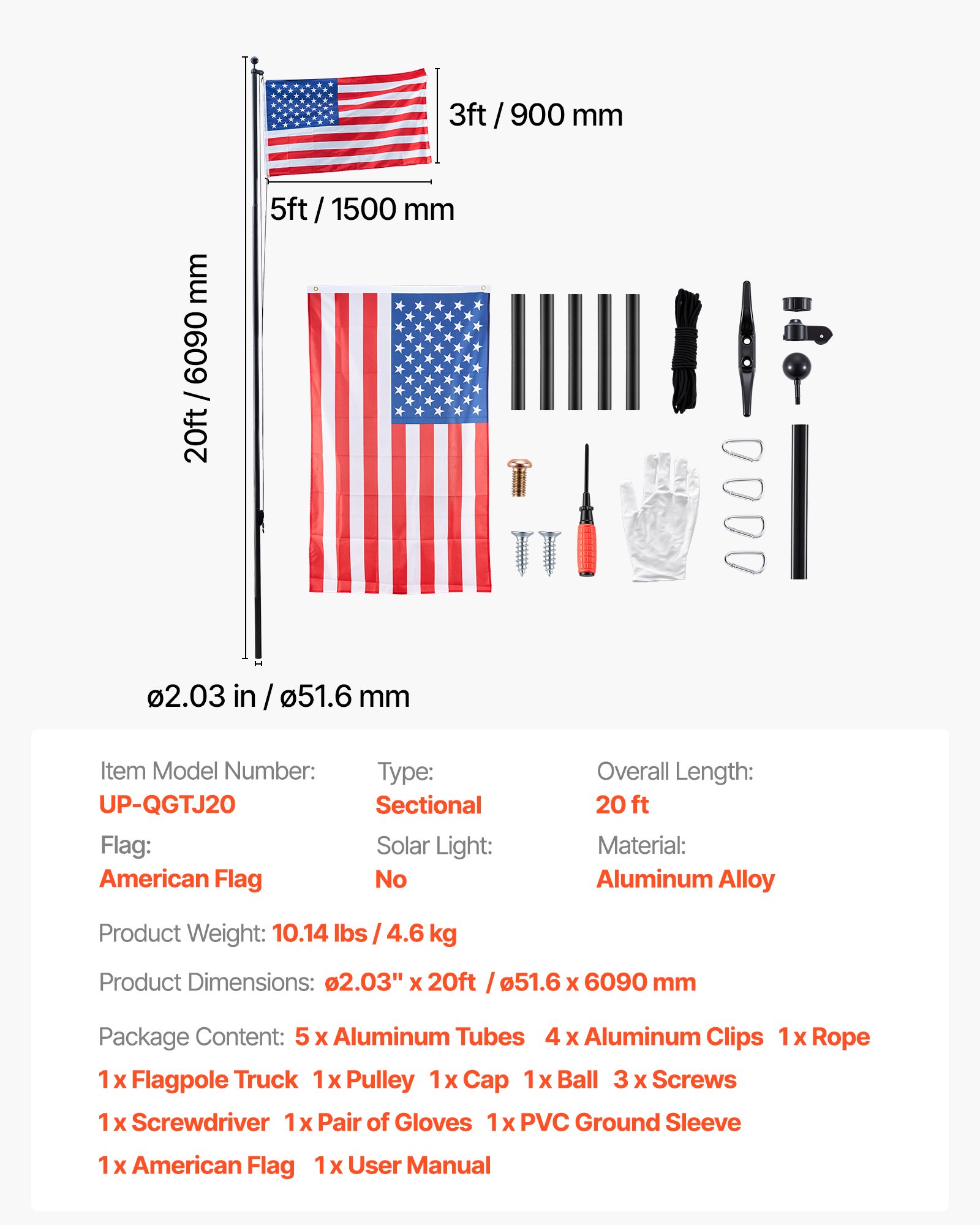 VEVOR Flag Pole, 20ft Heavy Duty Sectional Flagpole Kit for Outside House In Ground, Extra Thick Outdoor Aluminum Flagpole Kit with 3x5 American Flag for Yard, Residential or Commercial Use, Black