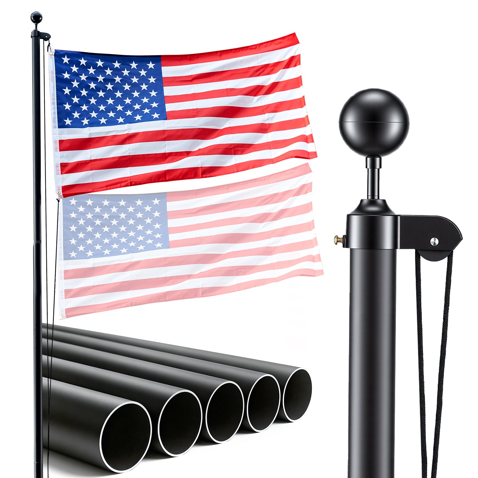 VEVOR Flag Pole, 20ft Heavy Duty Sectional Flagpole Kit for Outside House In Ground, Extra Thick Outdoor Aluminum Flagpole Kit with 3x5 American Flag for Yard, Residential or Commercial Use, Black