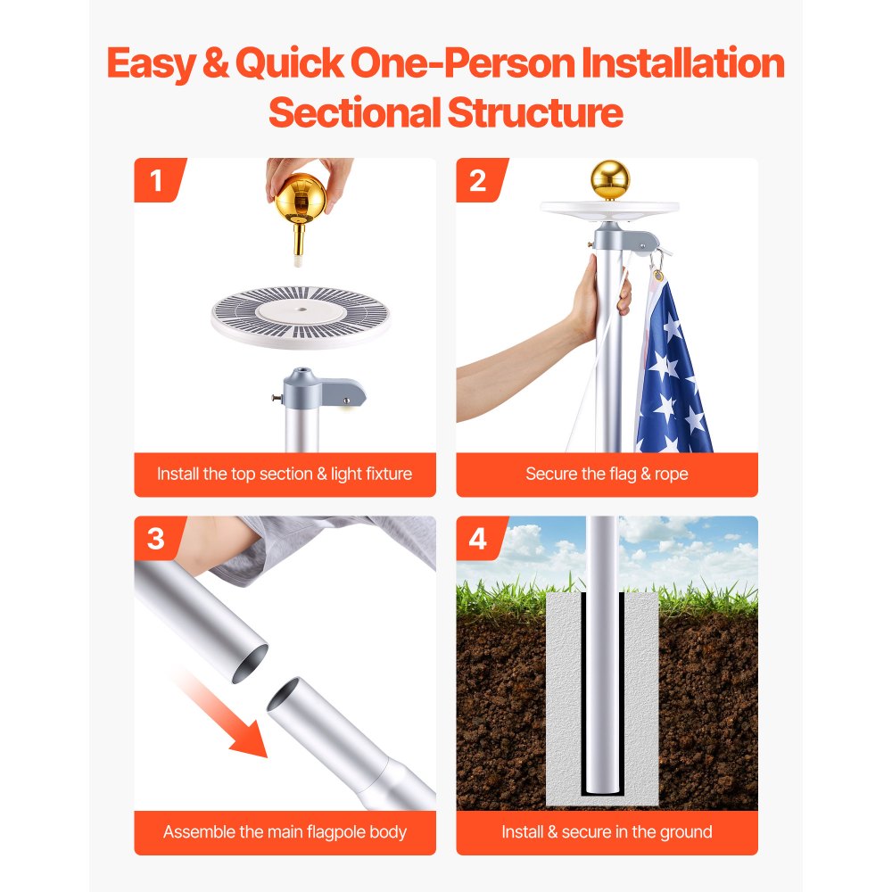 VEVOR Flag Pole, 20ft Heavy Duty Sectional Flagpole Kit with 136 LED Solar Light for Outside House In Ground, Outdoor Aluminum Flagpole with 3x5 American Flag for Yard, Residential, Commercial, Silver