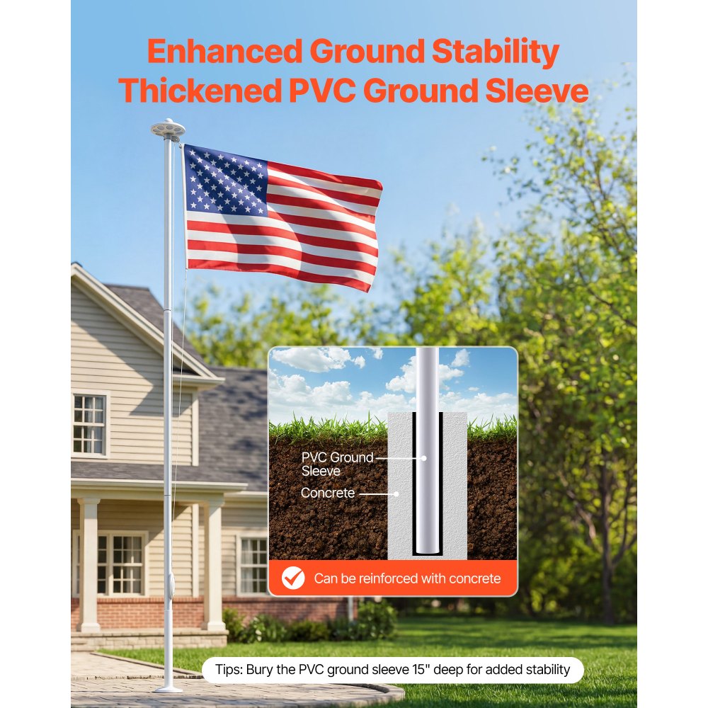 VEVOR Flag Pole, 20ft Heavy Duty Sectional Flagpole Kit with 136 LED Solar Light for Outside House In Ground, Outdoor Aluminum Flagpole with 3x5 American Flag for Yard, Residential, Commercial, Silver