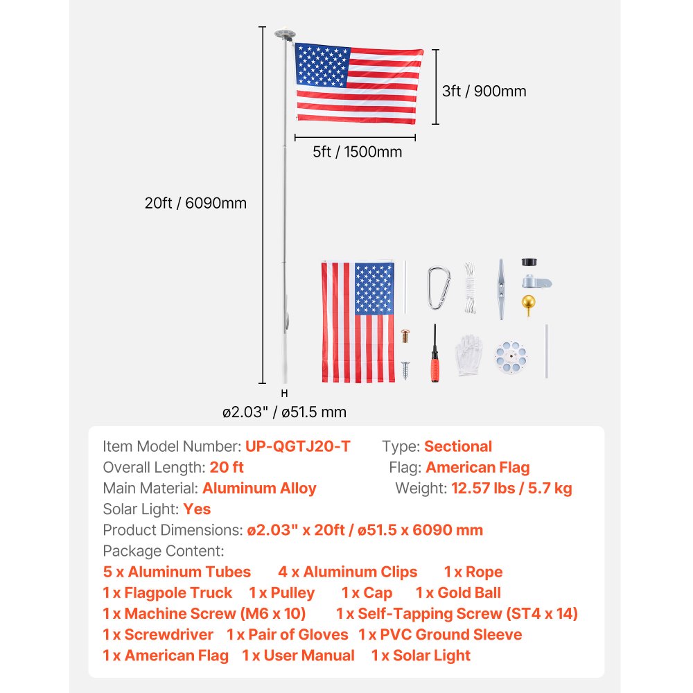 VEVOR Flag Pole, 20ft Heavy Duty Sectional Flagpole Kit with 136 LED Solar Light for Outside House In Ground, Outdoor Aluminum Flagpole with 3x5 American Flag for Yard, Residential, Commercial, Silver