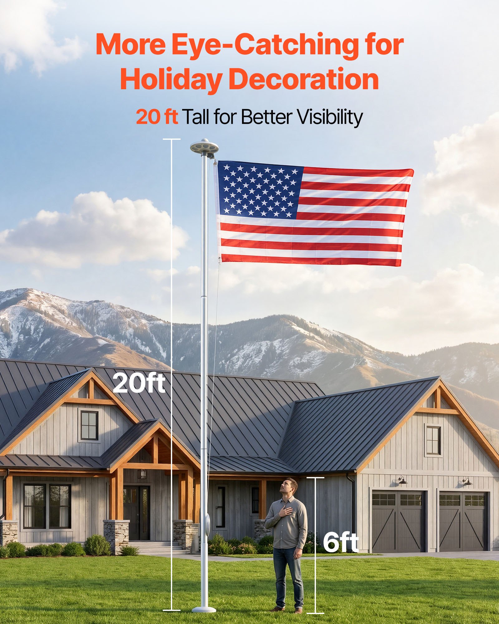VEVOR Flag Pole, 20ft Heavy Duty Sectional Flagpole Kit with 136 LED Solar Light for Outside House In Ground, Outdoor Aluminum Flagpole with 3x5 American Flag for Yard, Residential, Commercial, Silver