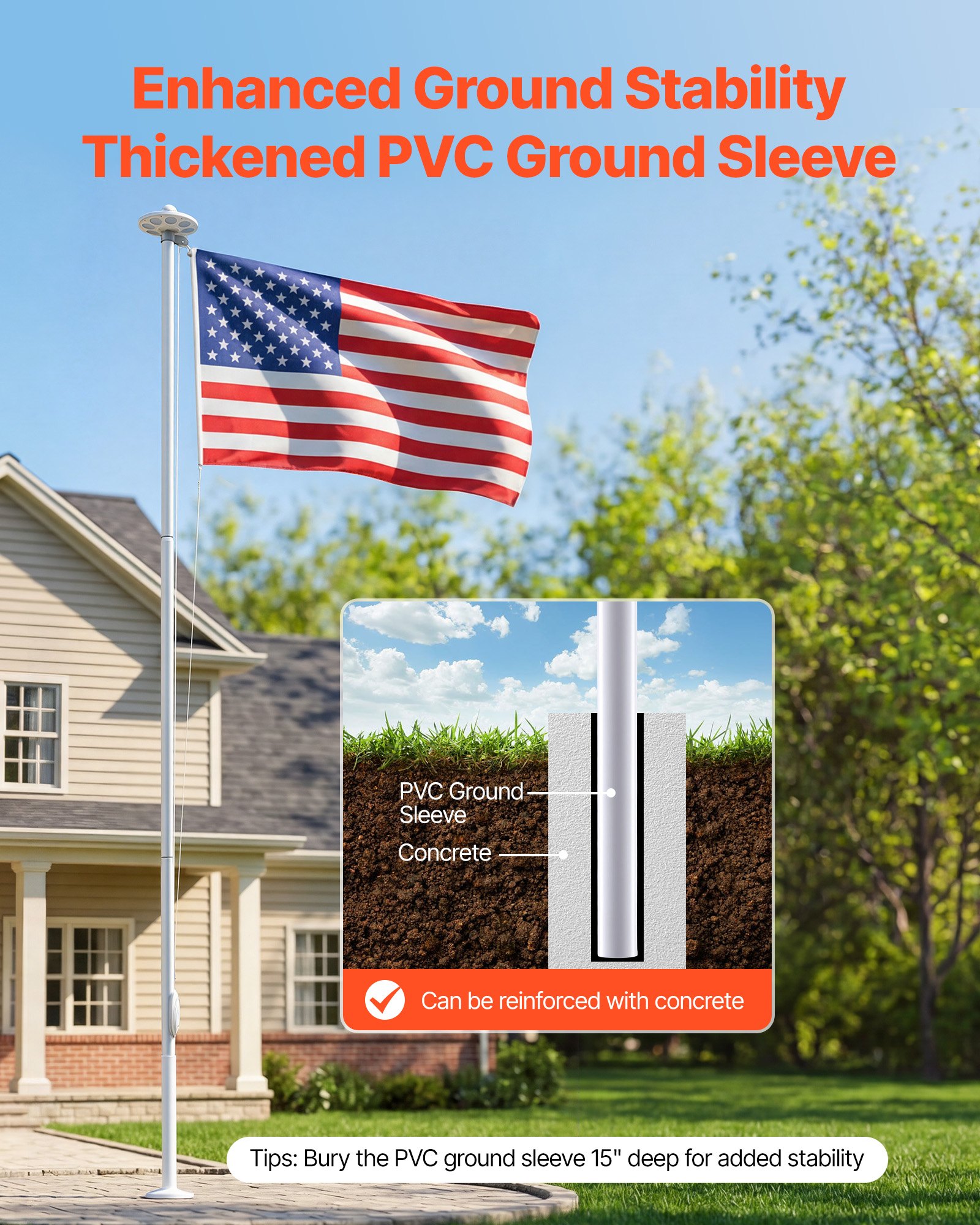 VEVOR Flag Pole, 20ft Heavy Duty Sectional Flagpole Kit with 136 LED Solar Light for Outside House In Ground, Outdoor Aluminum Flagpole with 3x5 American Flag for Yard, Residential, Commercial, Silver