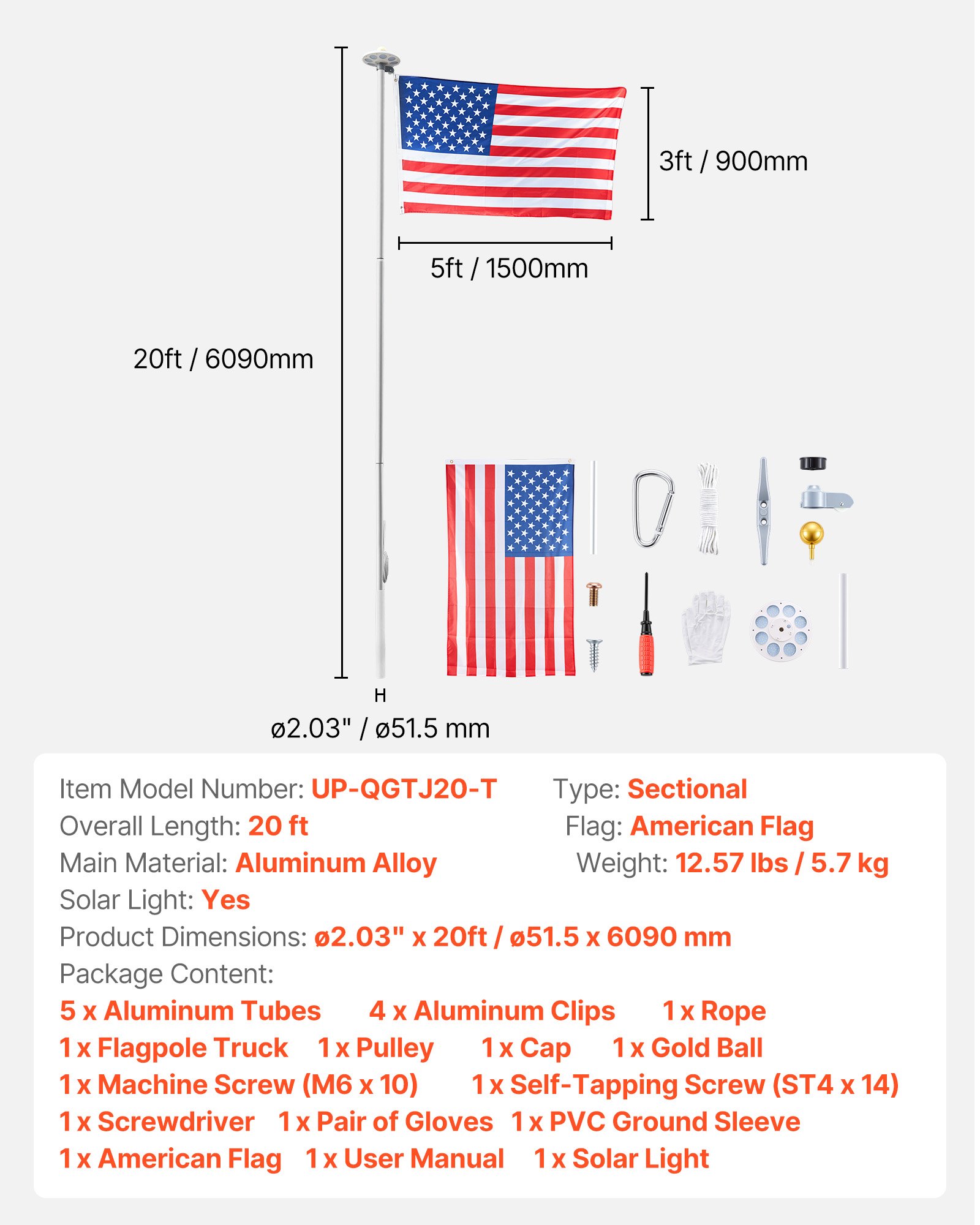VEVOR Flag Pole, 20ft Heavy Duty Sectional Flagpole Kit with 136 LED Solar Light for Outside House In Ground, Outdoor Aluminum Flagpole with 3x5 American Flag for Yard, Residential, Commercial, Silver