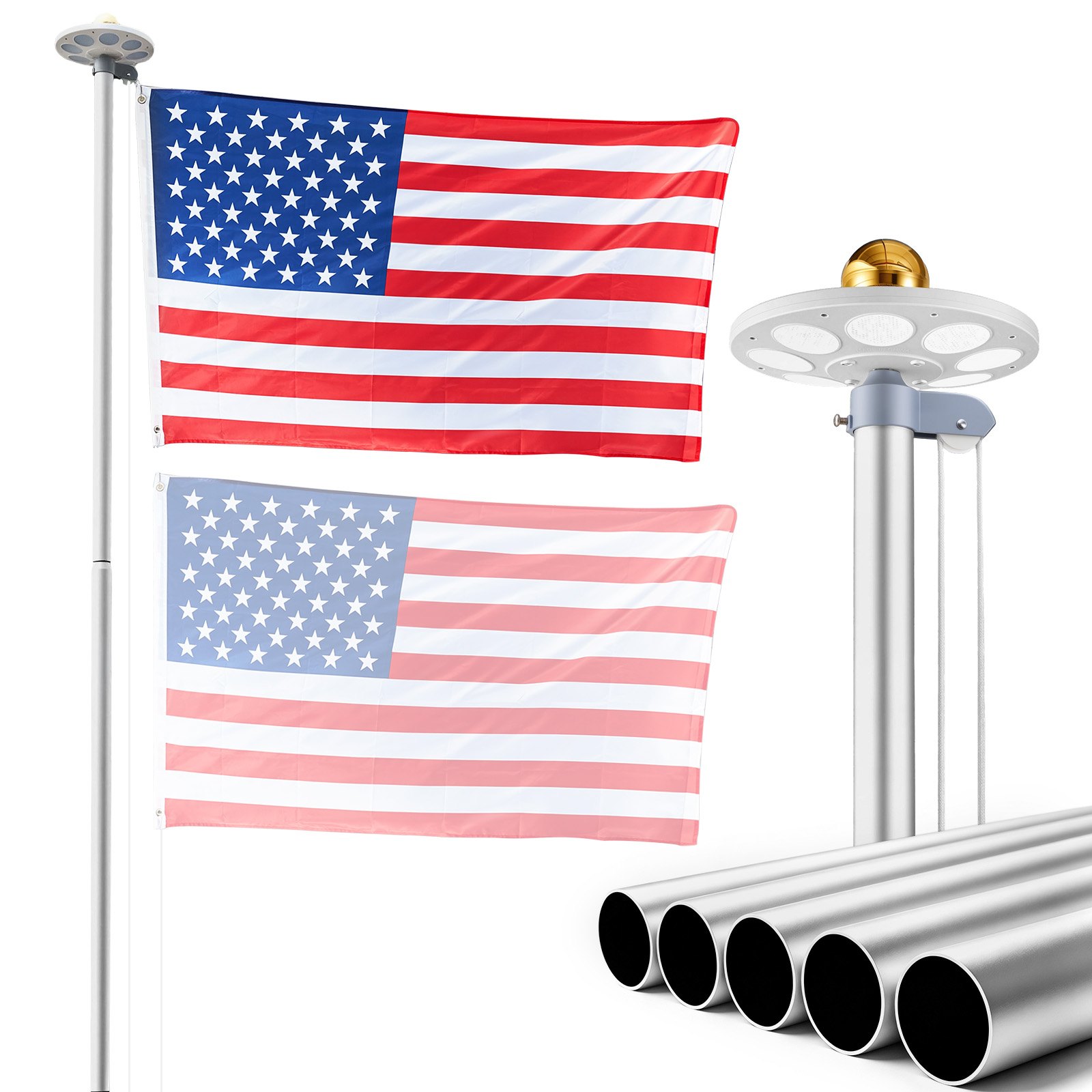 VEVOR Flag Pole, 20ft Heavy Duty Sectional Flagpole Kit with 136 LED Solar Light for Outside House In Ground, Outdoor Aluminum Flagpole with 3x5 American Flag for Yard, Residential, Commercial, Silver
