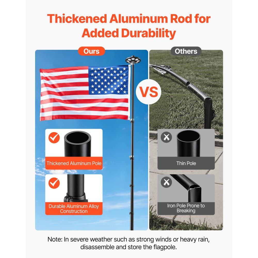 VEVOR Flag Pole, 20ft Heavy Duty Telescopic Flagpole Kit with 136 LED Solar Light for Outside House In Ground, Outdoor Aluminum Flagpole with 3x5 American Flag for Yard, Residential, Commercial, Black