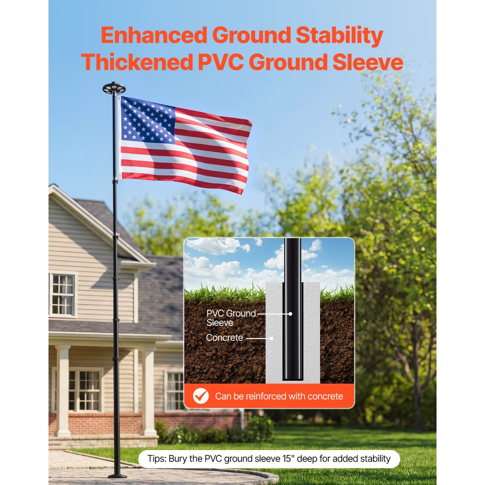 VEVOR Flag Pole, 20ft Heavy Duty Telescopic Flagpole Kit with 136 LED Solar Light for Outside House In Ground, Outdoor Aluminum Flagpole with 3x5 American Flag for Yard, Residential, Commercial, Black