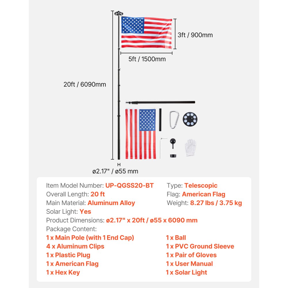 VEVOR Flag Pole, 20ft Heavy Duty Telescopic Flagpole Kit with 136 LED Solar Light for Outside House In Ground, Outdoor Aluminum Flagpole with 3x5 American Flag for Yard, Residential, Commercial, Black